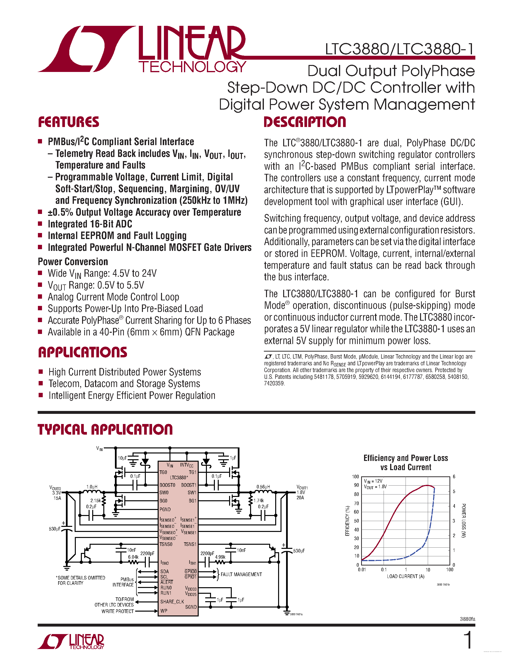 Datasheet LTC3880 - Dual Output PolyPhase Step-Down DC/DC Controller page 1