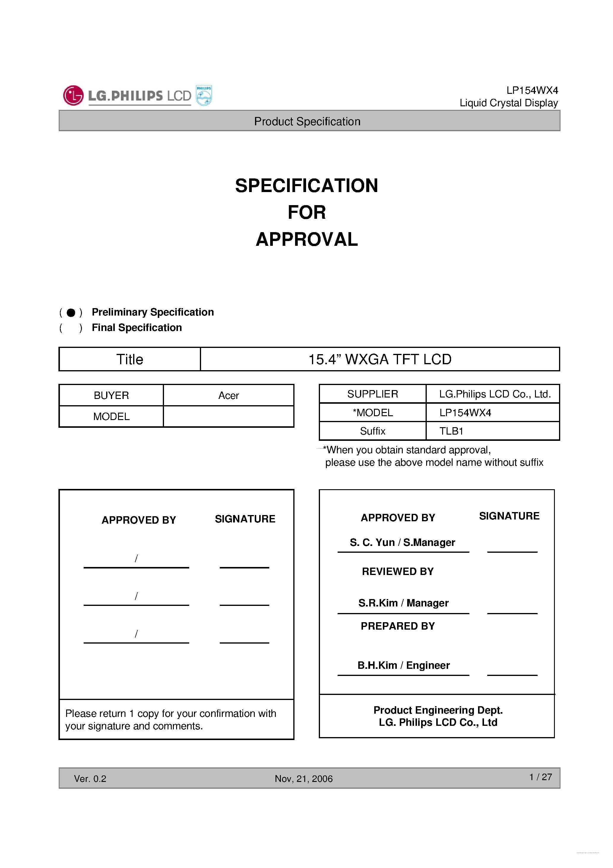 Даташит на микросхему LP154WX4-TLB1 страница 1 Даташит LP154WX4-TLB1 - Liquid Crystal Display страница 1