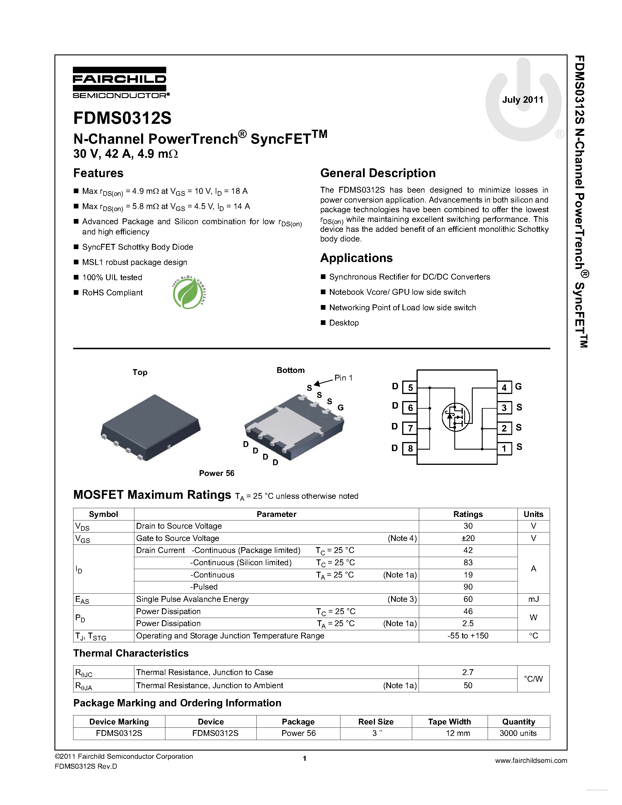 Datasheet FDMS0312S - N-Channel PowerTrench SyncFETTM page 1