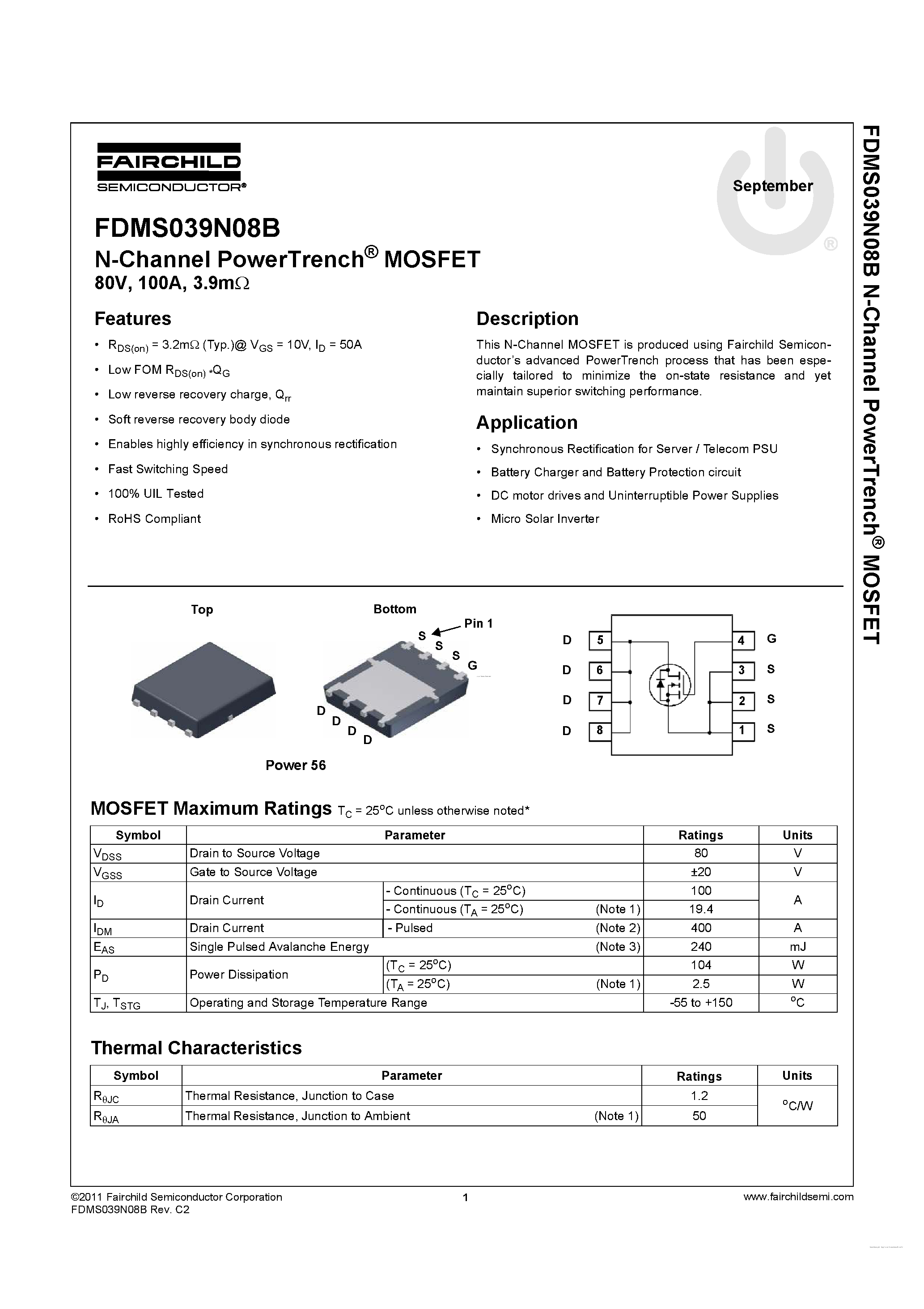 Datasheet FDMS039N08B - N-Channel PowerTrench MOSFET page 1