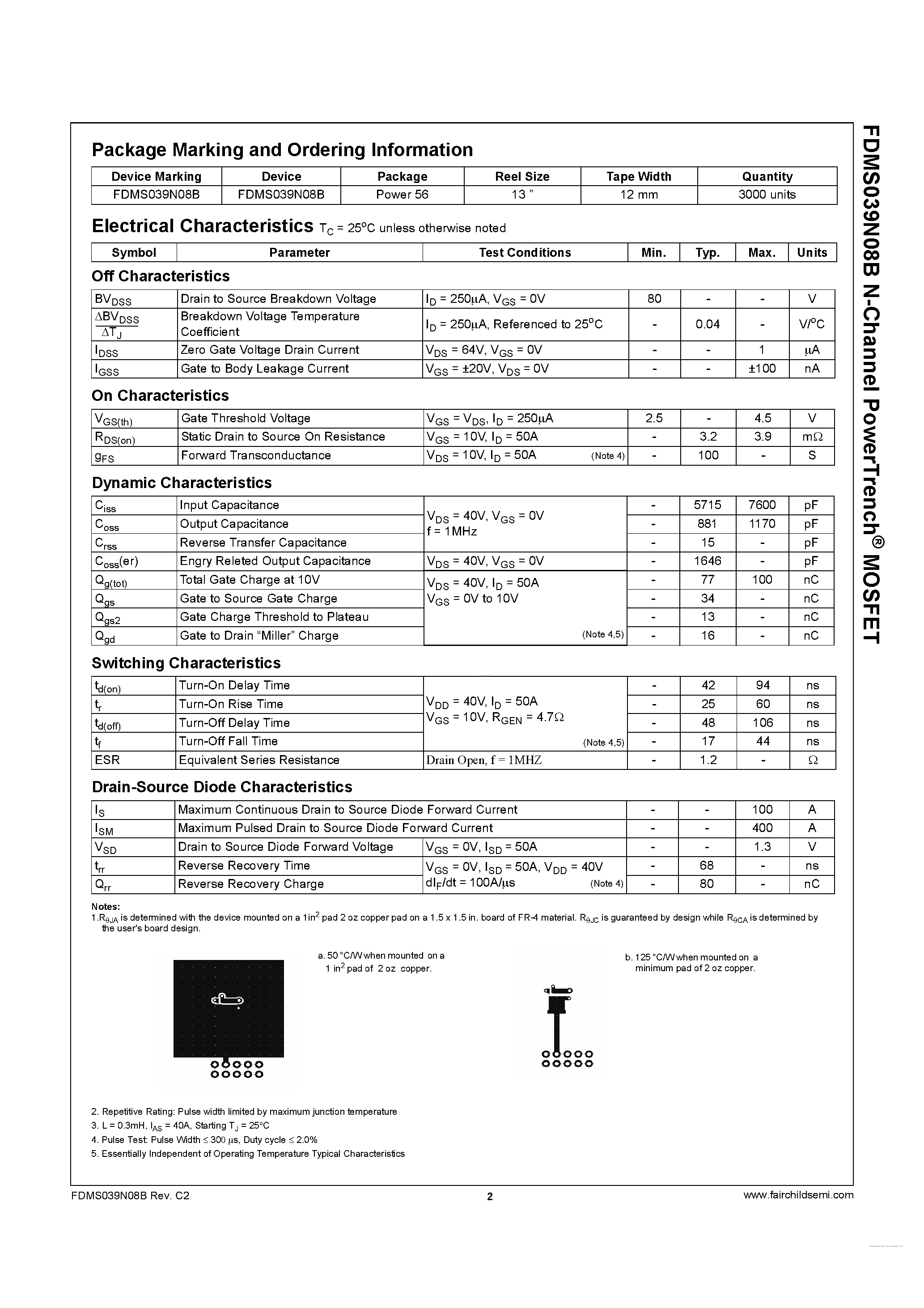 Datasheet FDMS039N08B - N-Channel PowerTrench MOSFET page 2