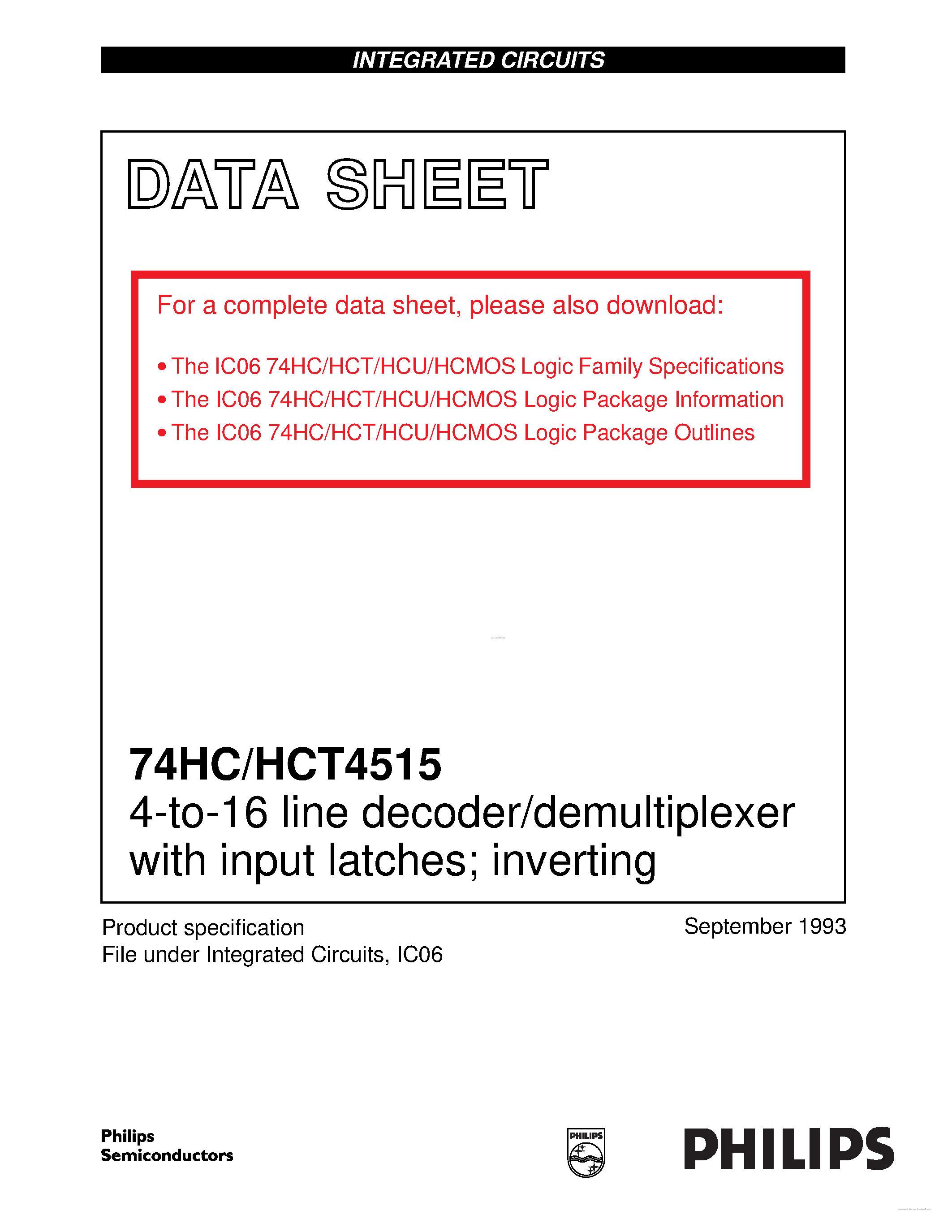 Datasheet 74HC4515 page 1 Datasheet 74HC4515 - 4-to-16 line decoder/demultiplexer page 1