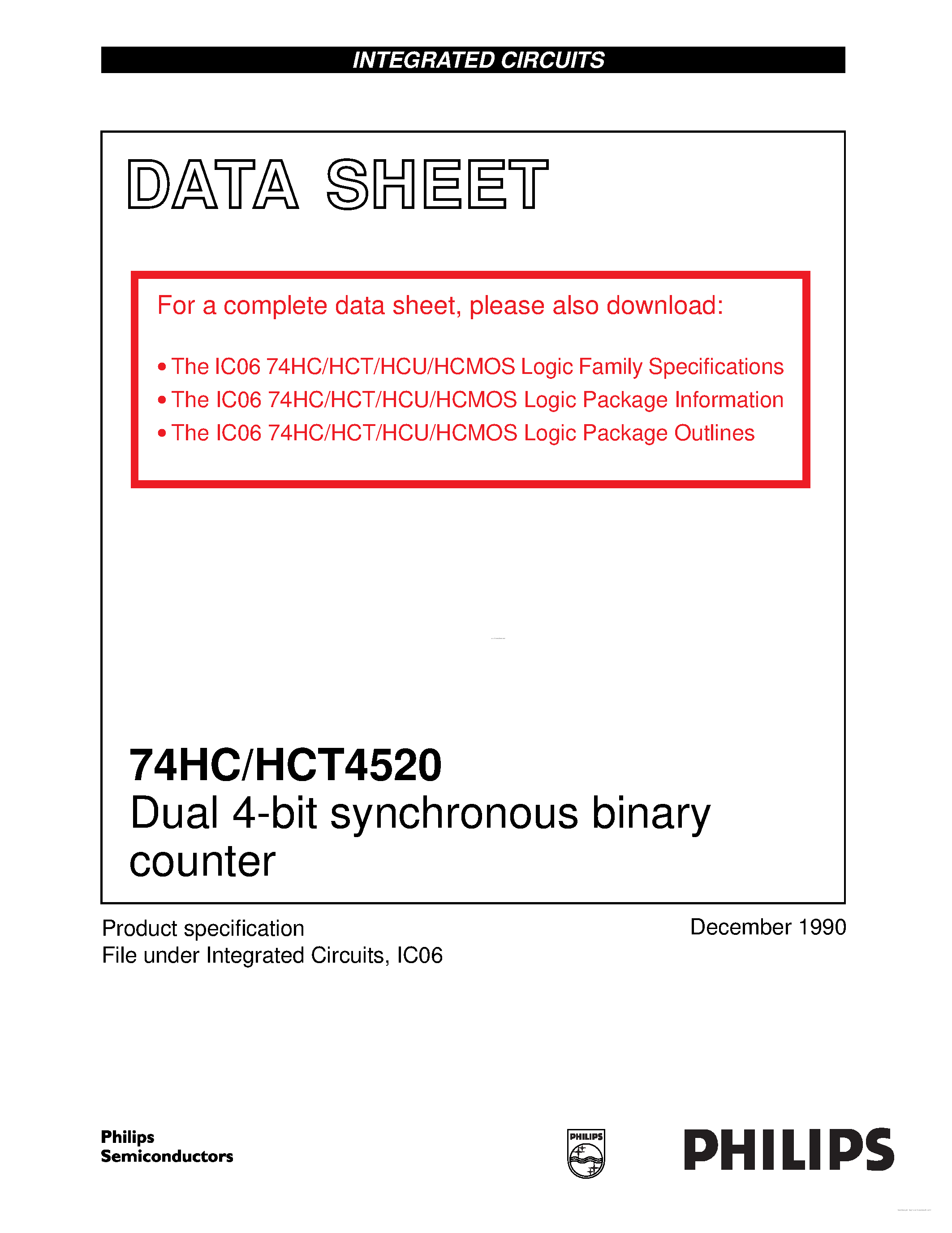Datasheet 74HC4520 page 1 Datasheet 74HC4520 - Dual 4-Bit Synchronous Binary Counter page 1