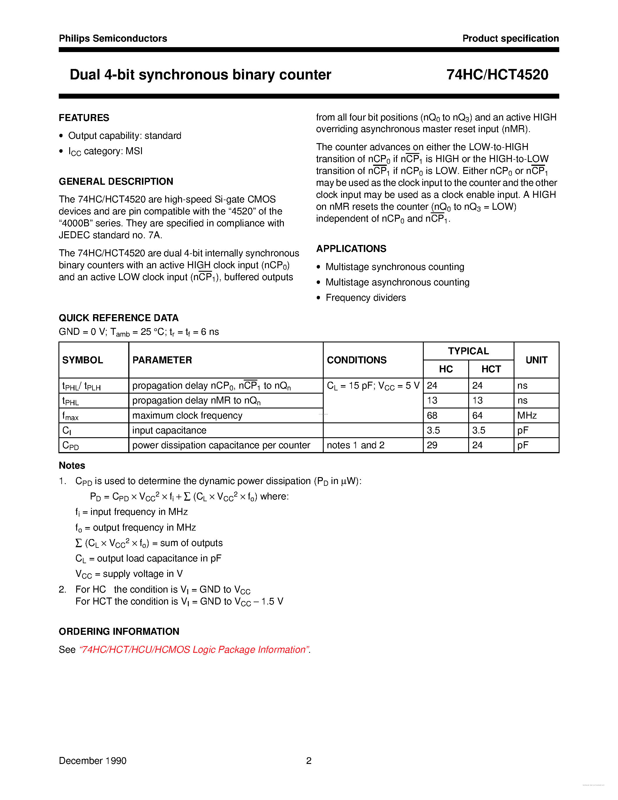 Datasheet 74HC4520 page 2 Datasheet 74HC4520 - Dual 4-Bit Synchronous Binary Counter page 2