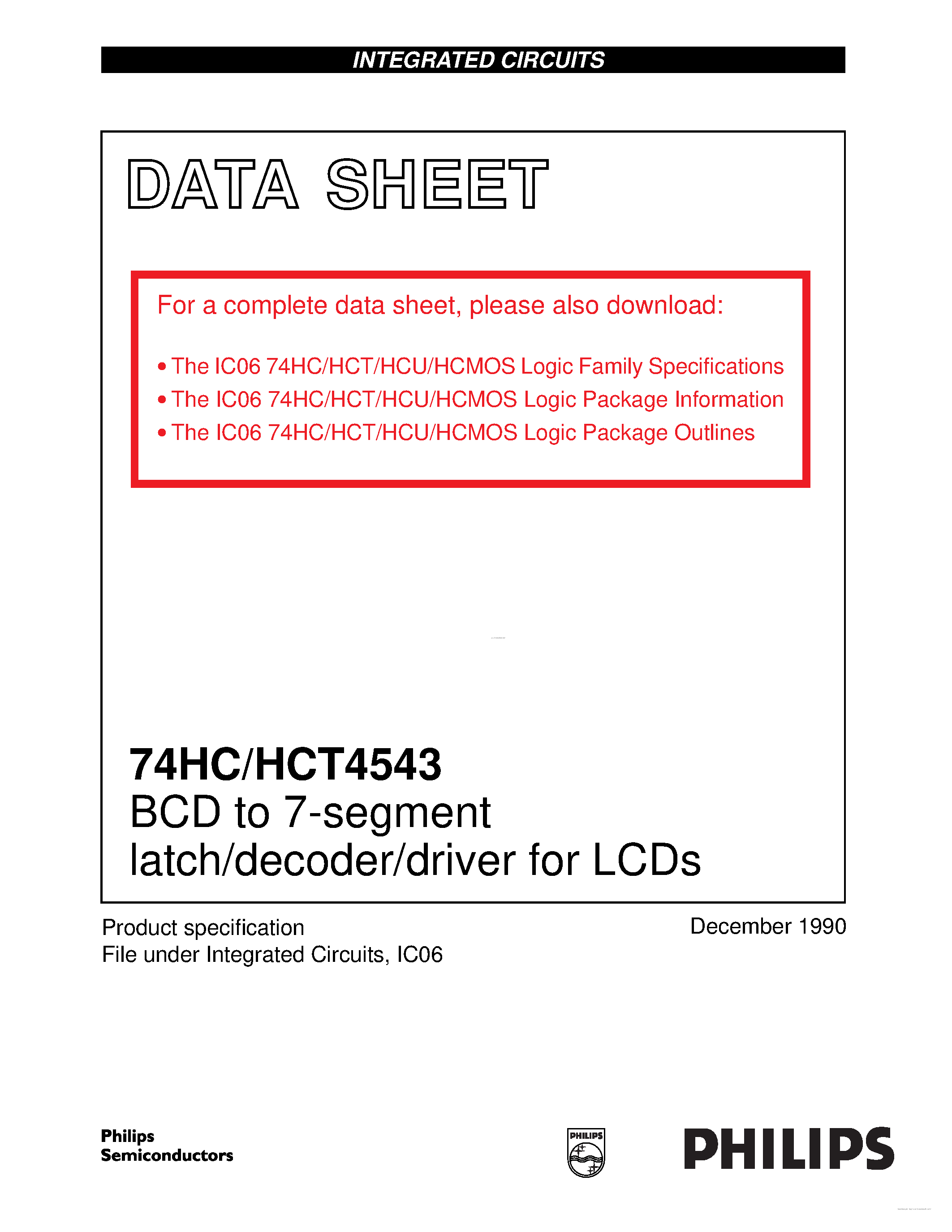 Даташит 74HC4543 - BCD to 7-segment latch/decoder/driver страница 1