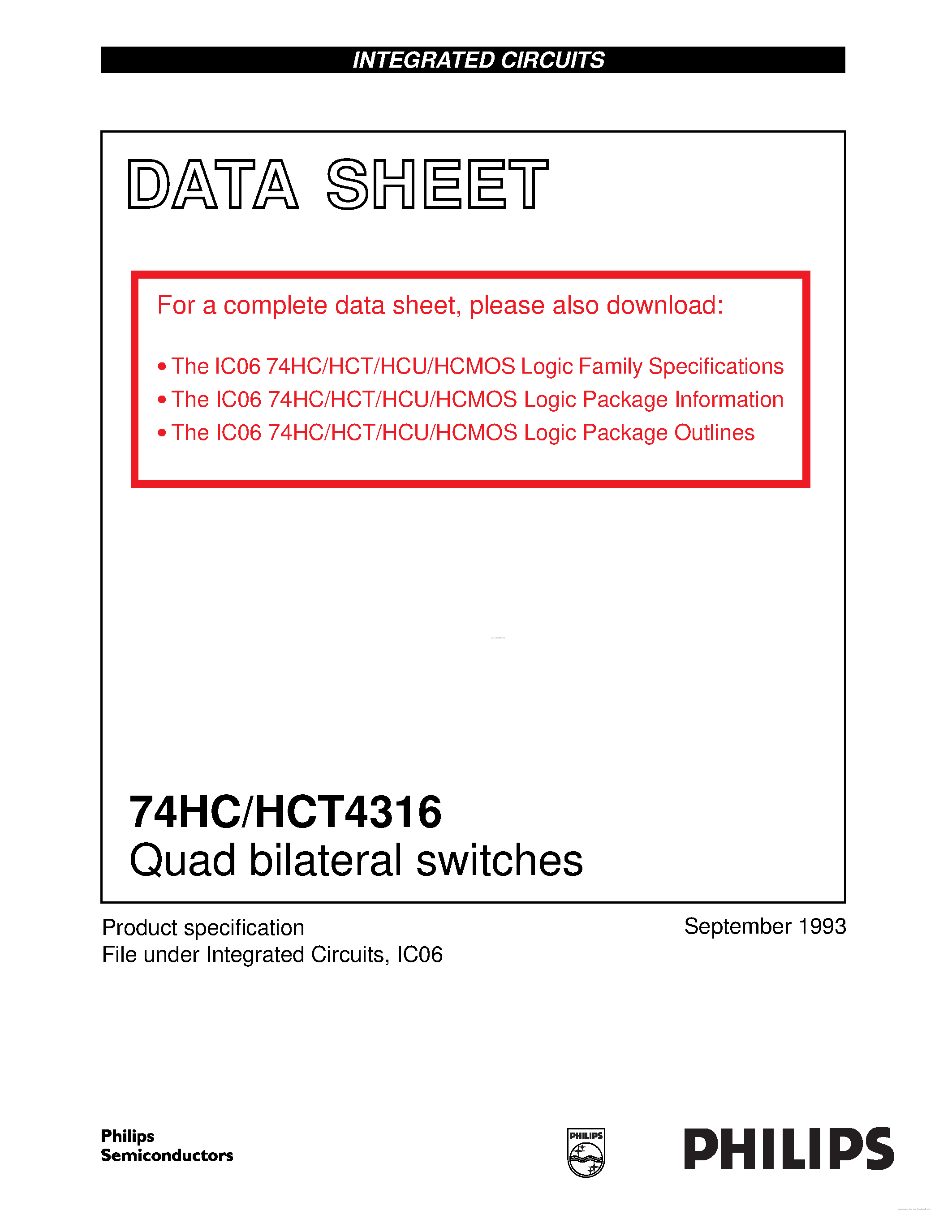 Datasheet 74HC4316 page 1 Datasheet 74HC4316 - Quad bilateral switches page 1