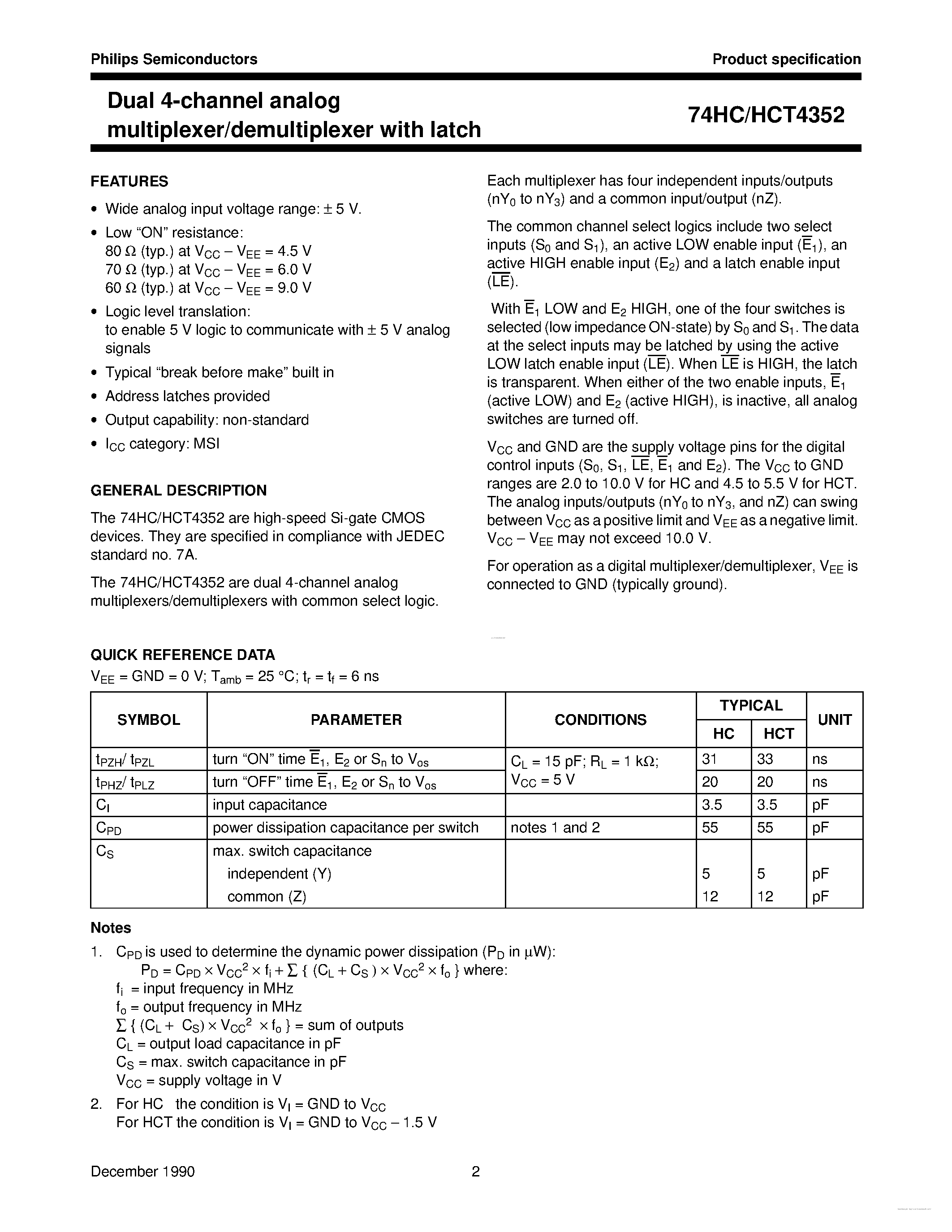 Datasheet 74HC4352 page 2 Datasheet 74HC4352 - Dual 4-channel analog multiplexer/demultiplexer page 2