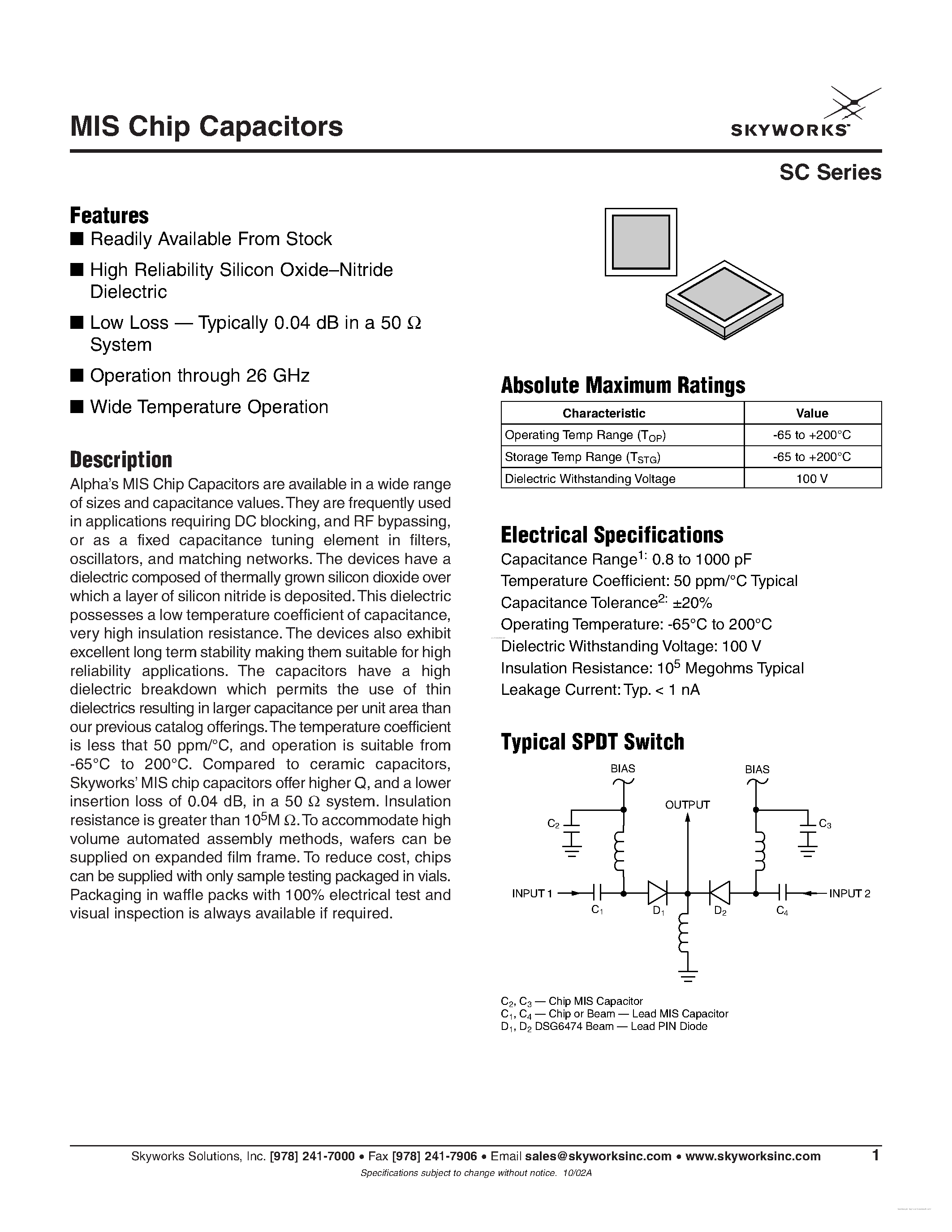 Datasheet SC00080710 page 1 Datasheet SC00080710 - Mis Chip Capacitors page 1