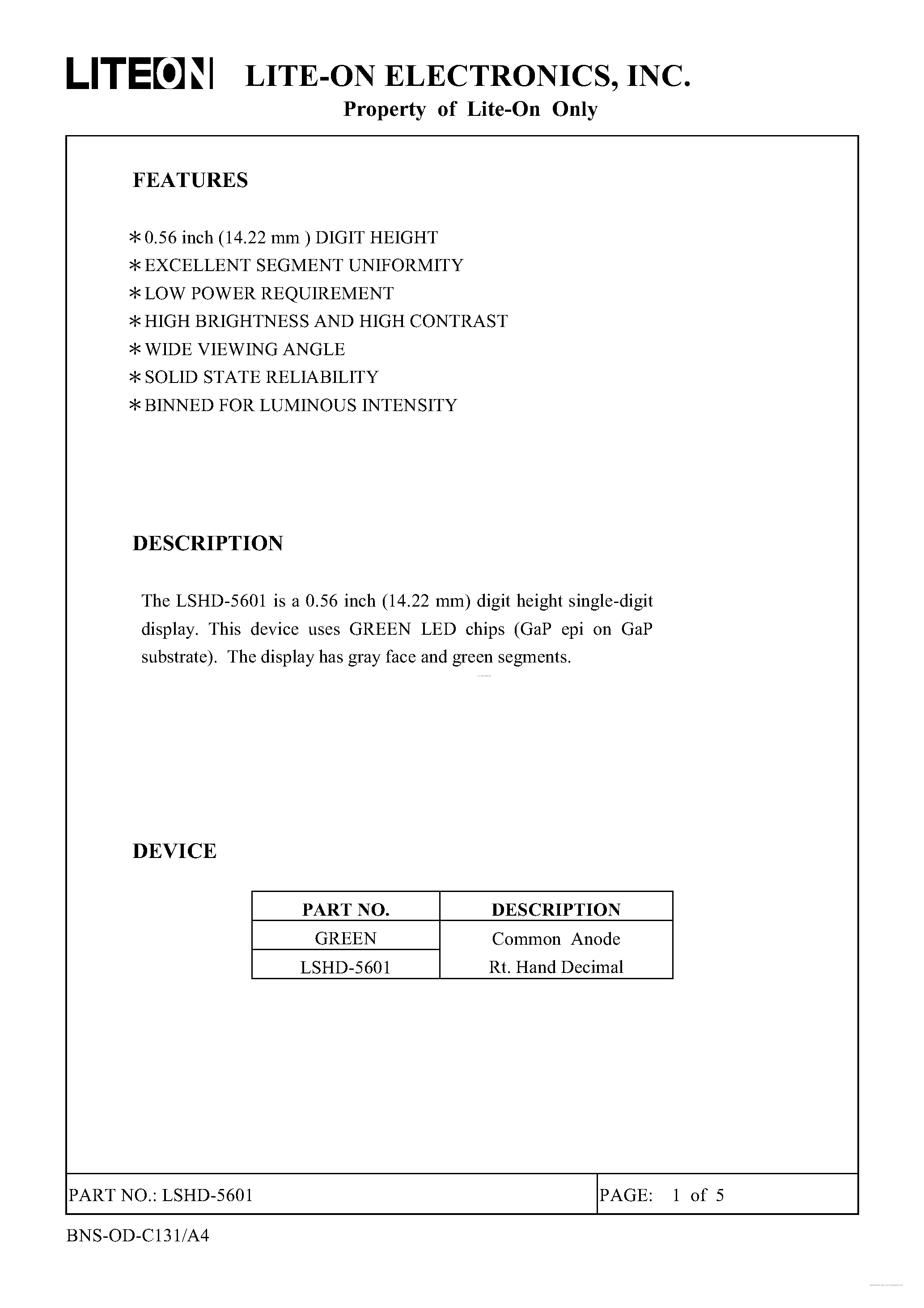 Datasheet LSHD-5601 - 7-Segment Green Display Modules page 1