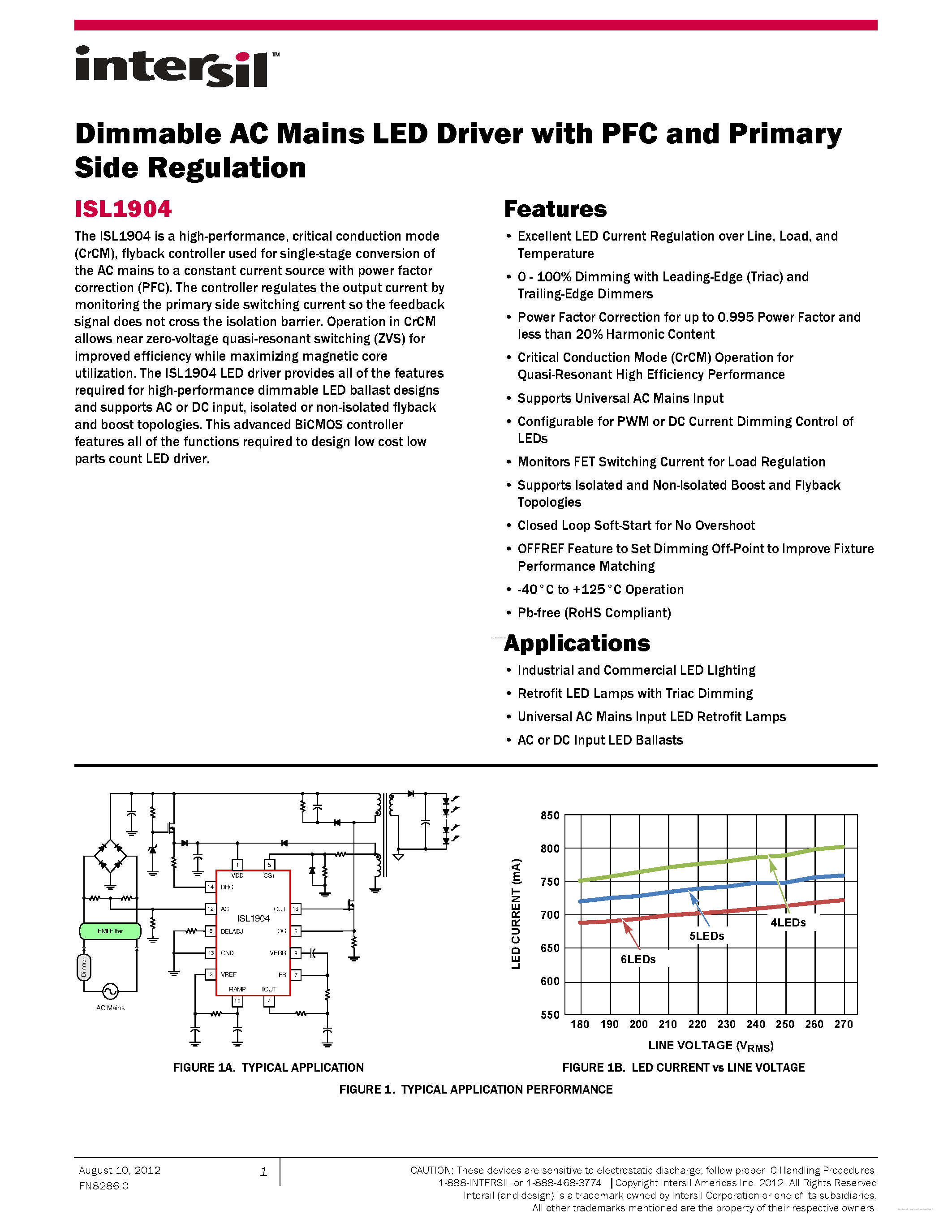 Даташит на микросхему ISL1904 страница 1 Даташит ISL1904 - страница 1