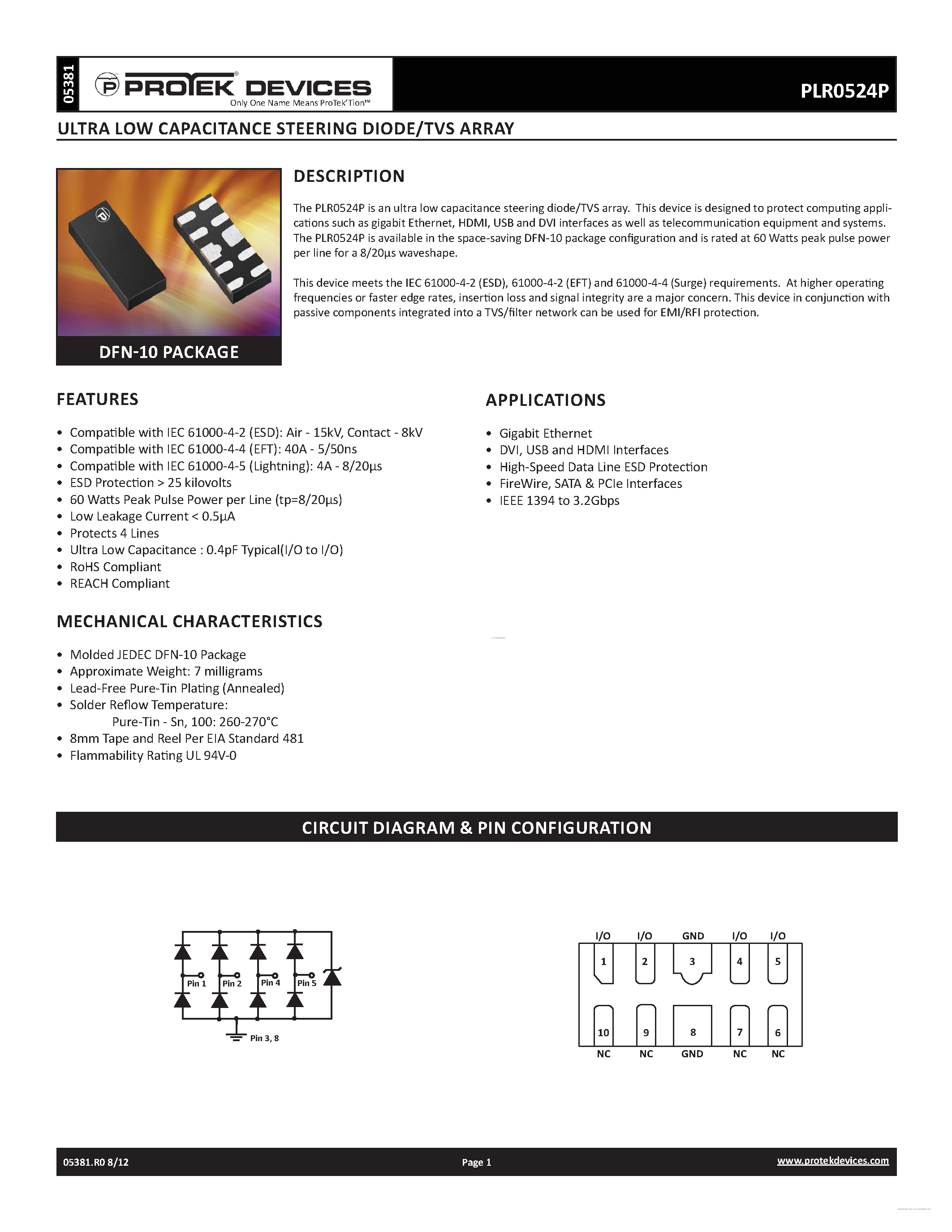 Даташит PLR0524P - Ultra Low caPacitance steeRing diode/tvs aRRay страница 1