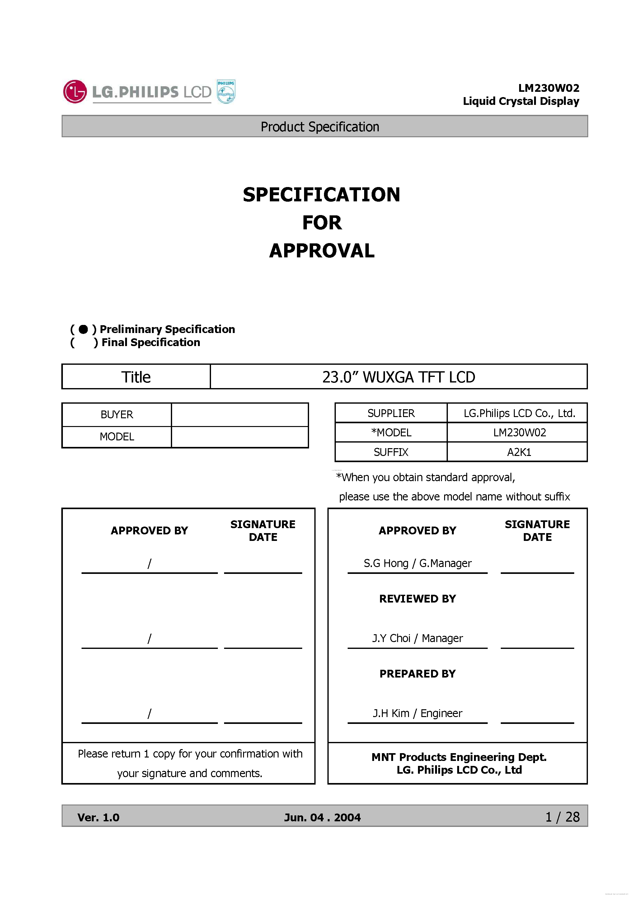 Даташит LM230W02-A2K1 - Liquid Crystal Display страница 1