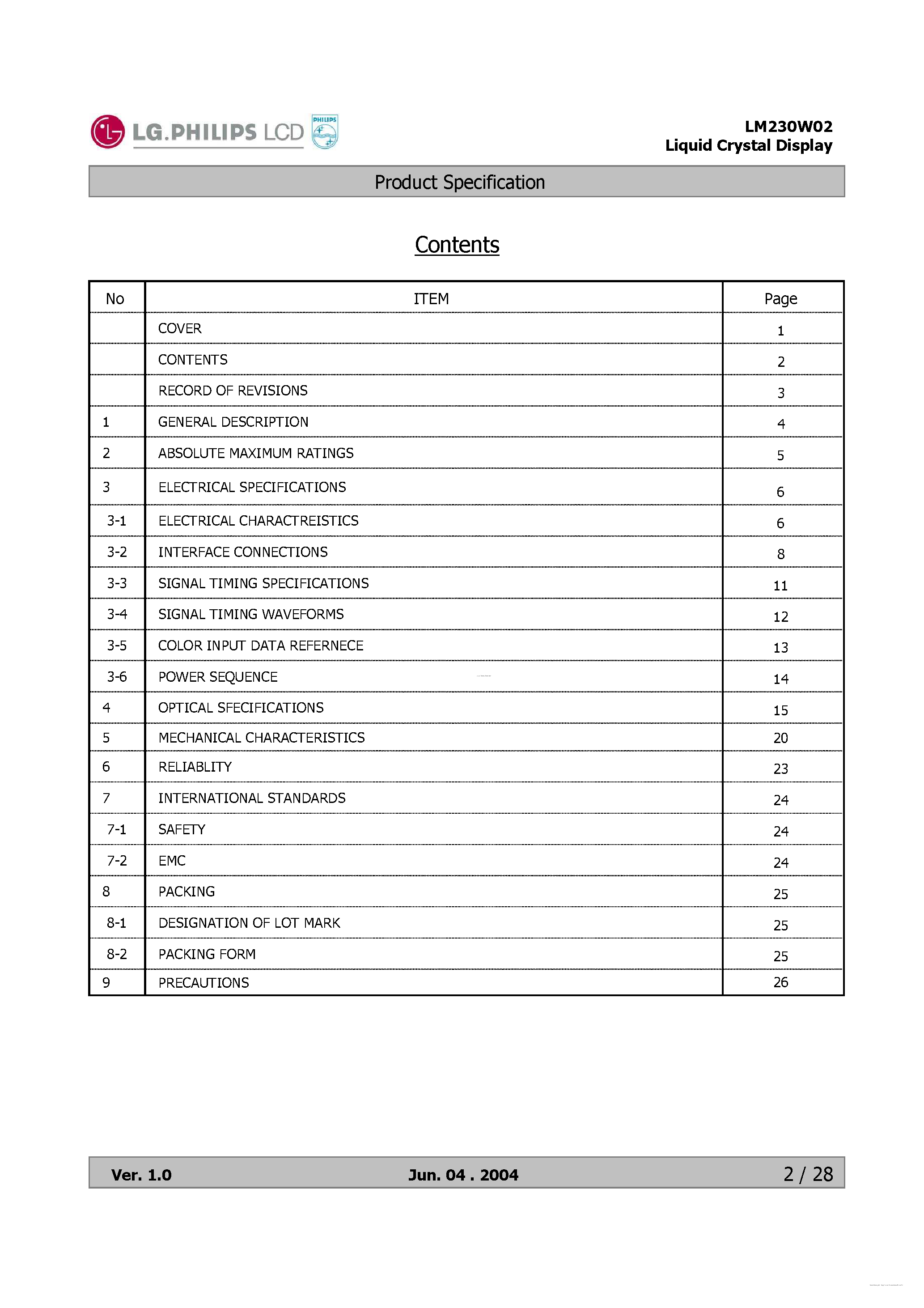 Даташит LM230W02-A2K1 - Liquid Crystal Display страница 2