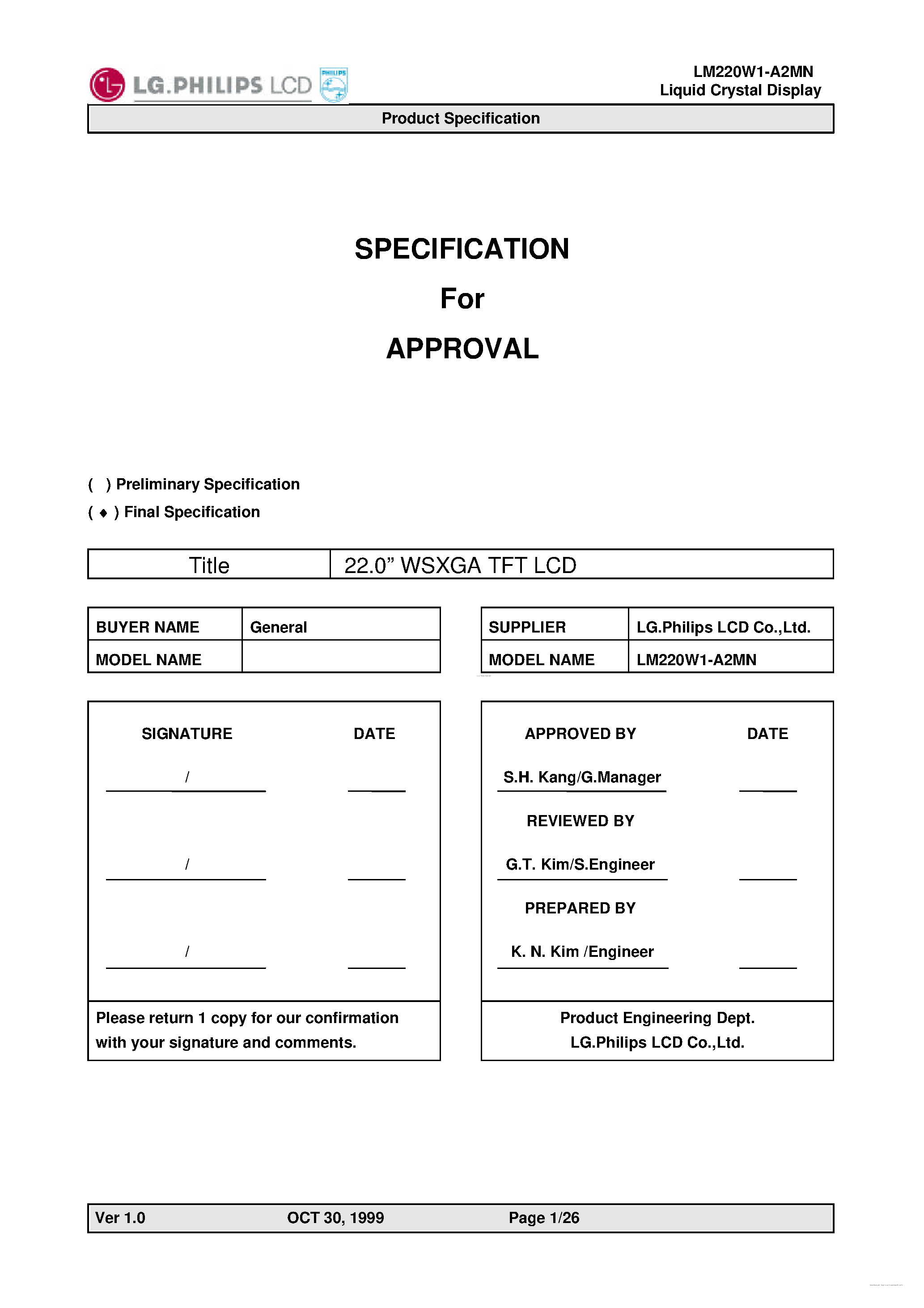 Даташит LM220W1-A2MN - Liquid Crystal Display страница 1