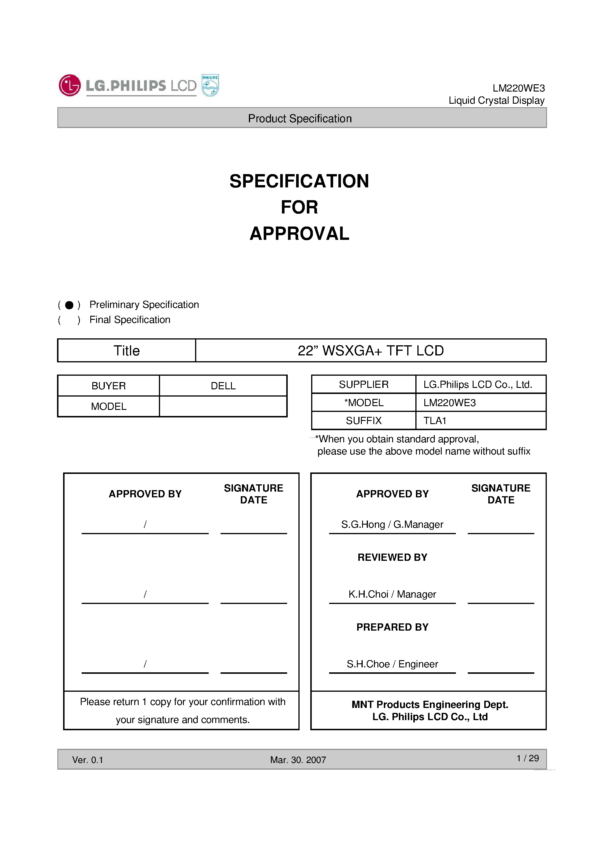 Datasheet LM220WE3-TLA1 - Liquid Crystal Display page 1