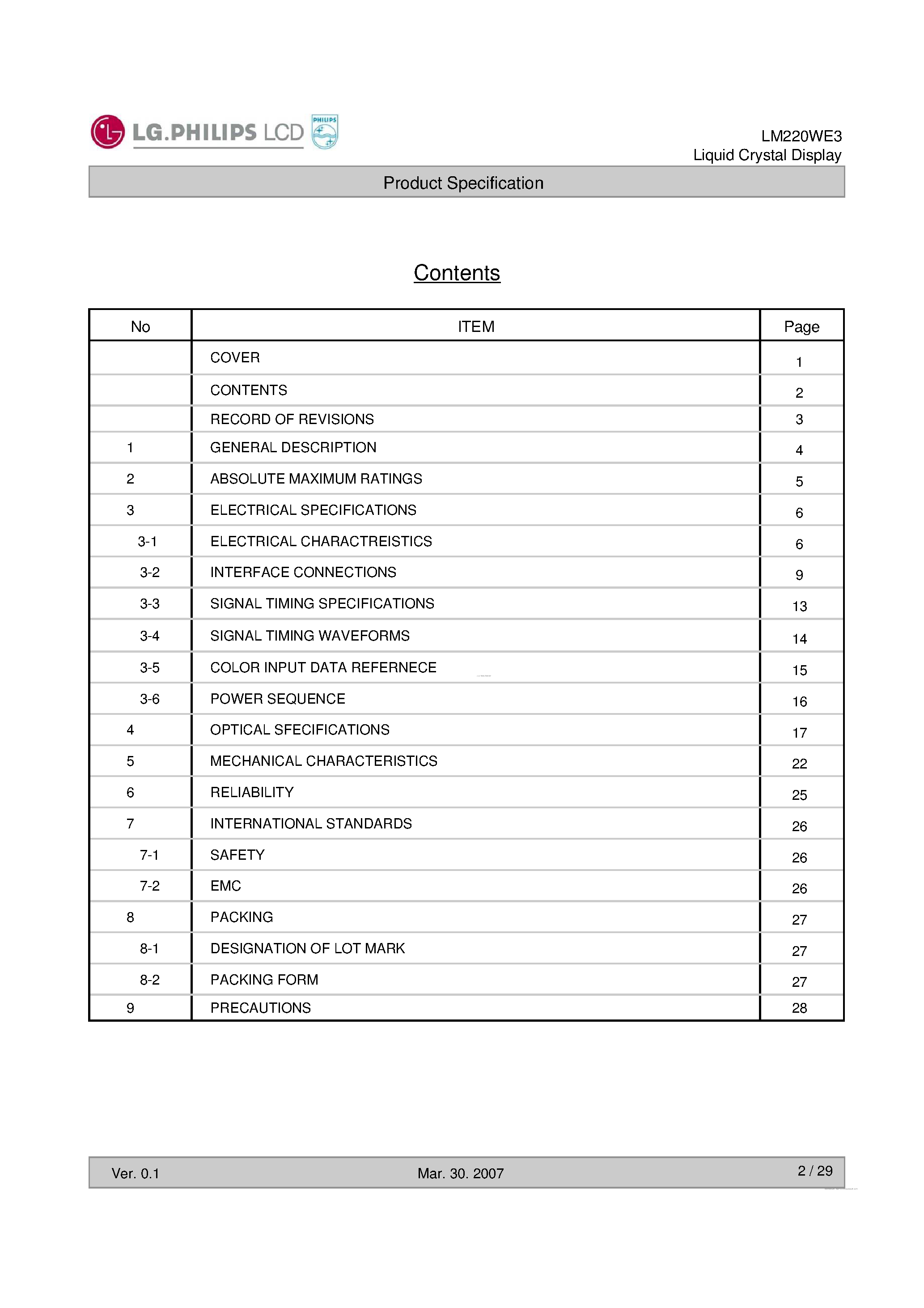 Datasheet LM220WE3-TLA1 - Liquid Crystal Display page 2