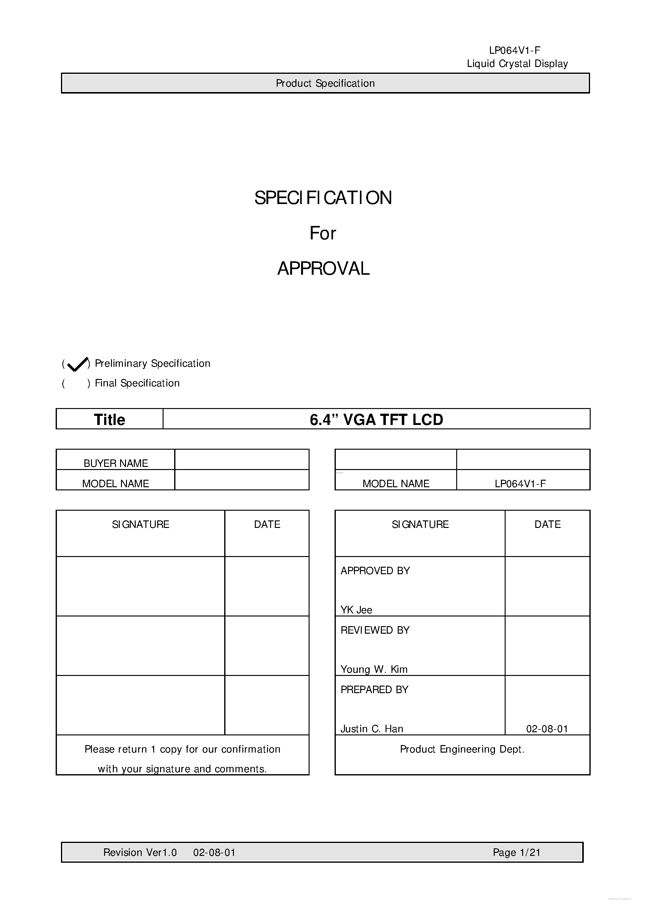 Даташит на микросхему LP064V1-F страница 1 Даташит LP064V1-F - Liquid Crystal Display страница 1