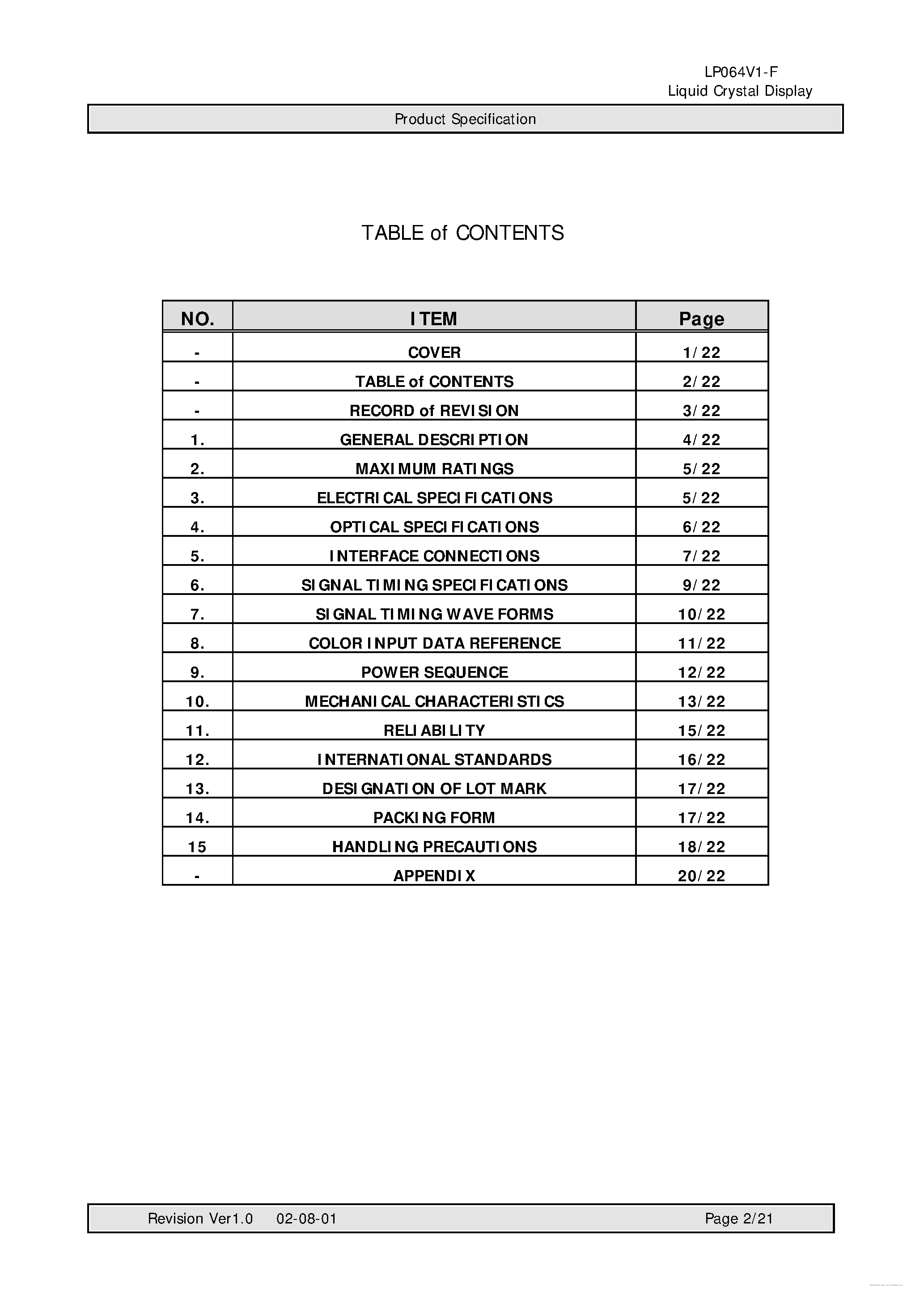 Даташит на микросхему LP064V1-F страница 2 Даташит LP064V1-F - Liquid Crystal Display страница 2