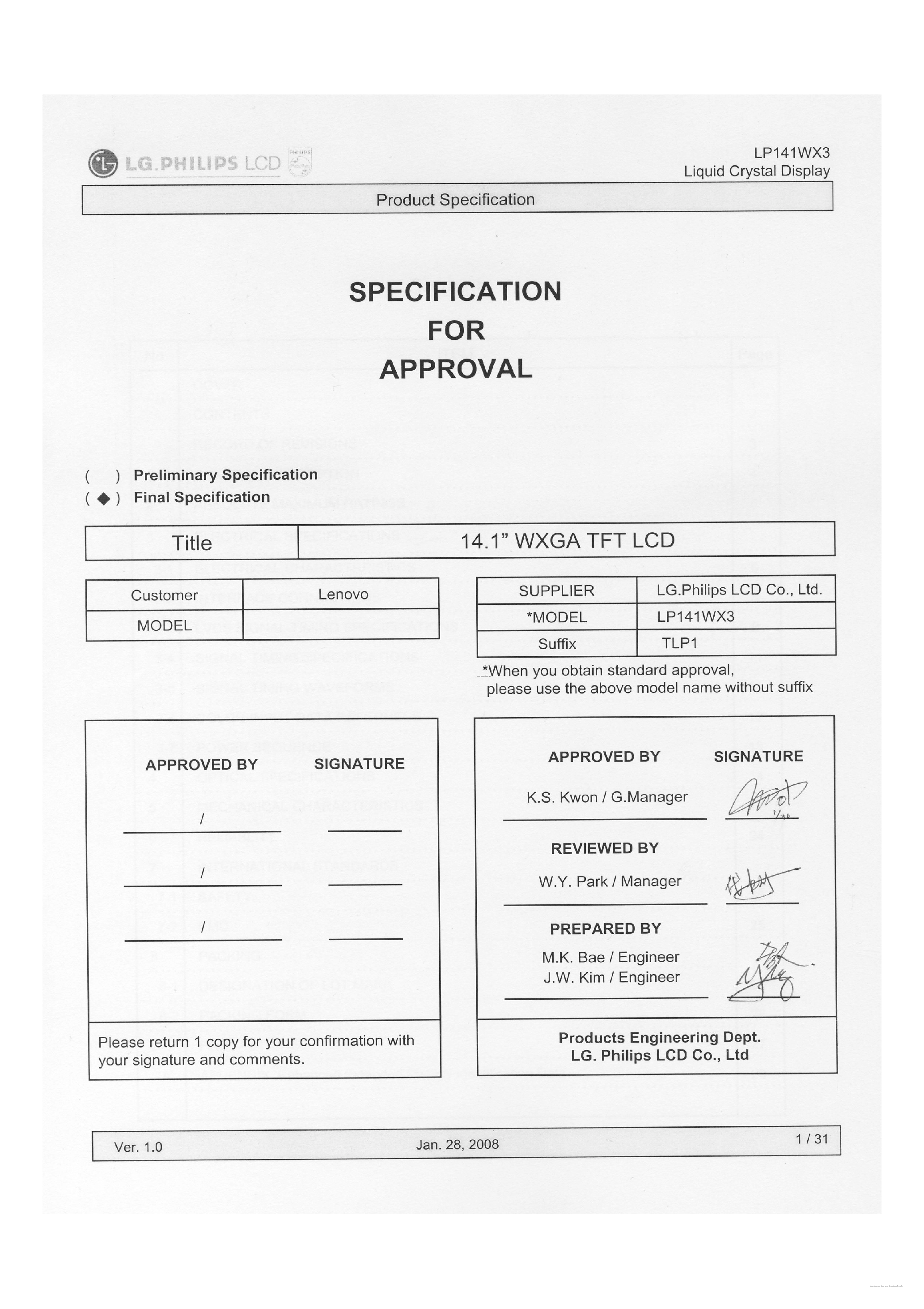 Datasheet LP141WX3-TLP1 page 1 Datasheet LP141WX3-TLP1 - Liquid Crystal Display page 1