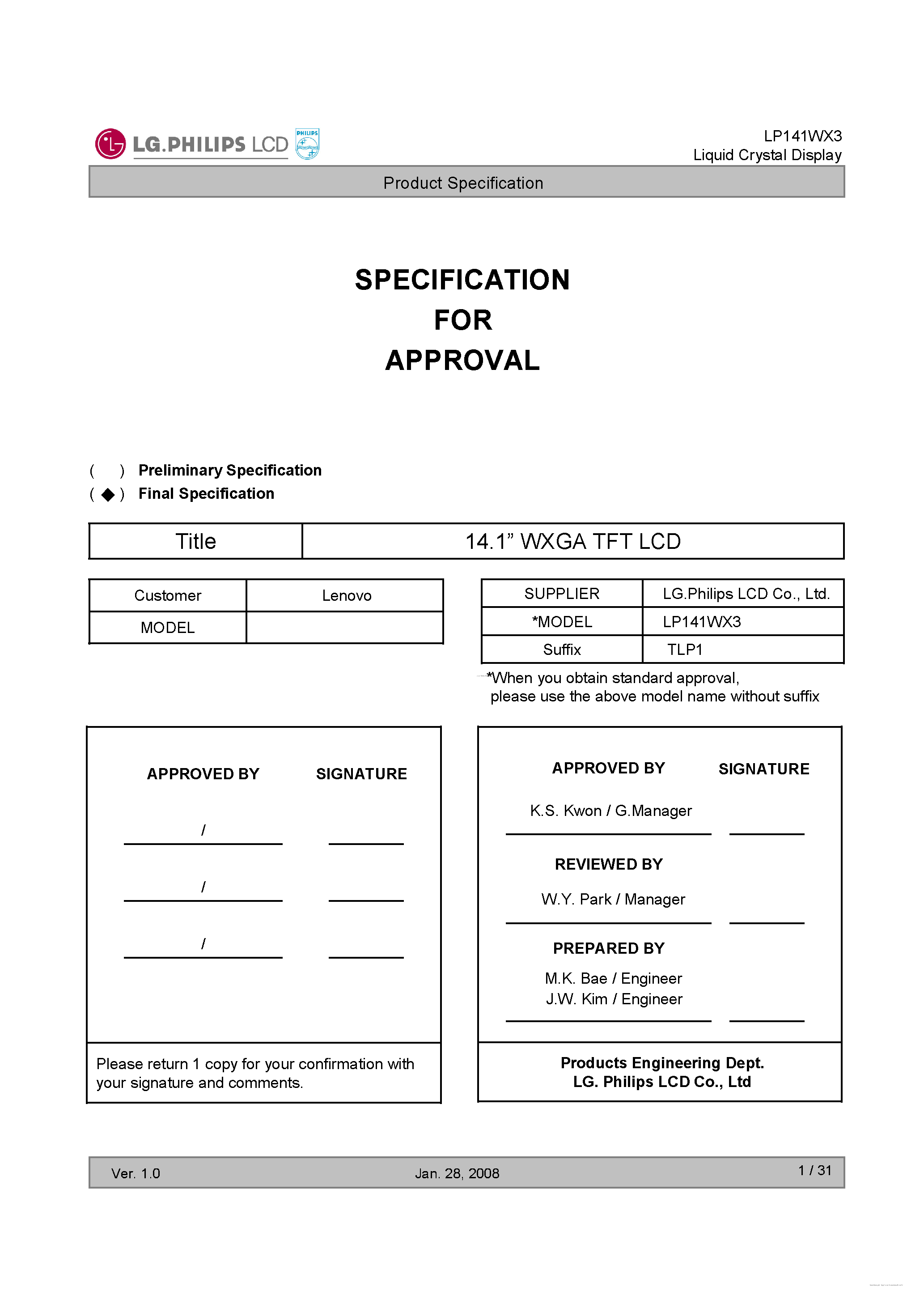 Datasheet LP141WX3-TLP1 page 2 Datasheet LP141WX3-TLP1 - Liquid Crystal Display page 2
