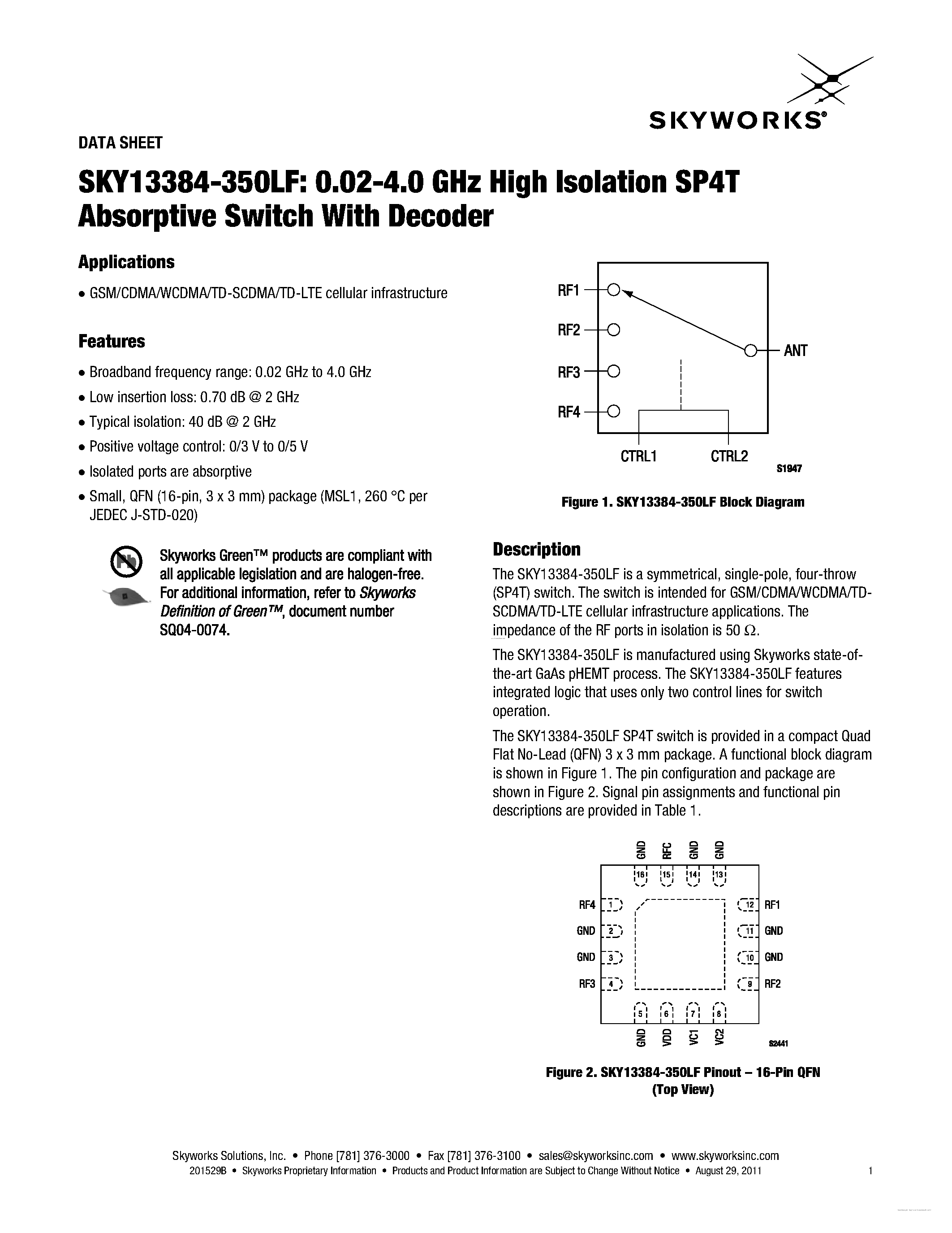 Datasheet SKY13384-350LF - 0.02-4.0 GHz High Isolation SP4T Absorptive Switch page 1