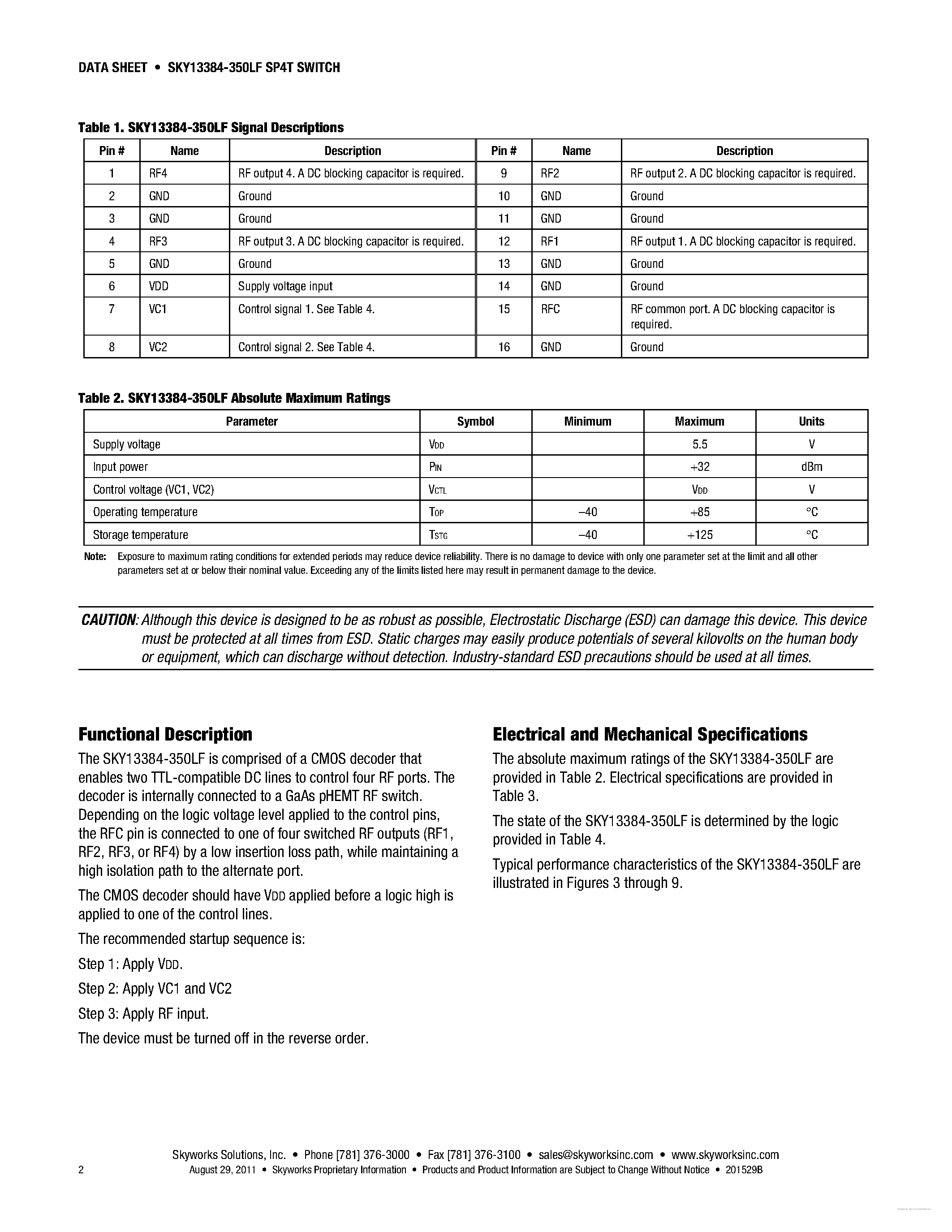 Datasheet SKY13384-350LF - 0.02-4.0 GHz High Isolation SP4T Absorptive Switch page 2