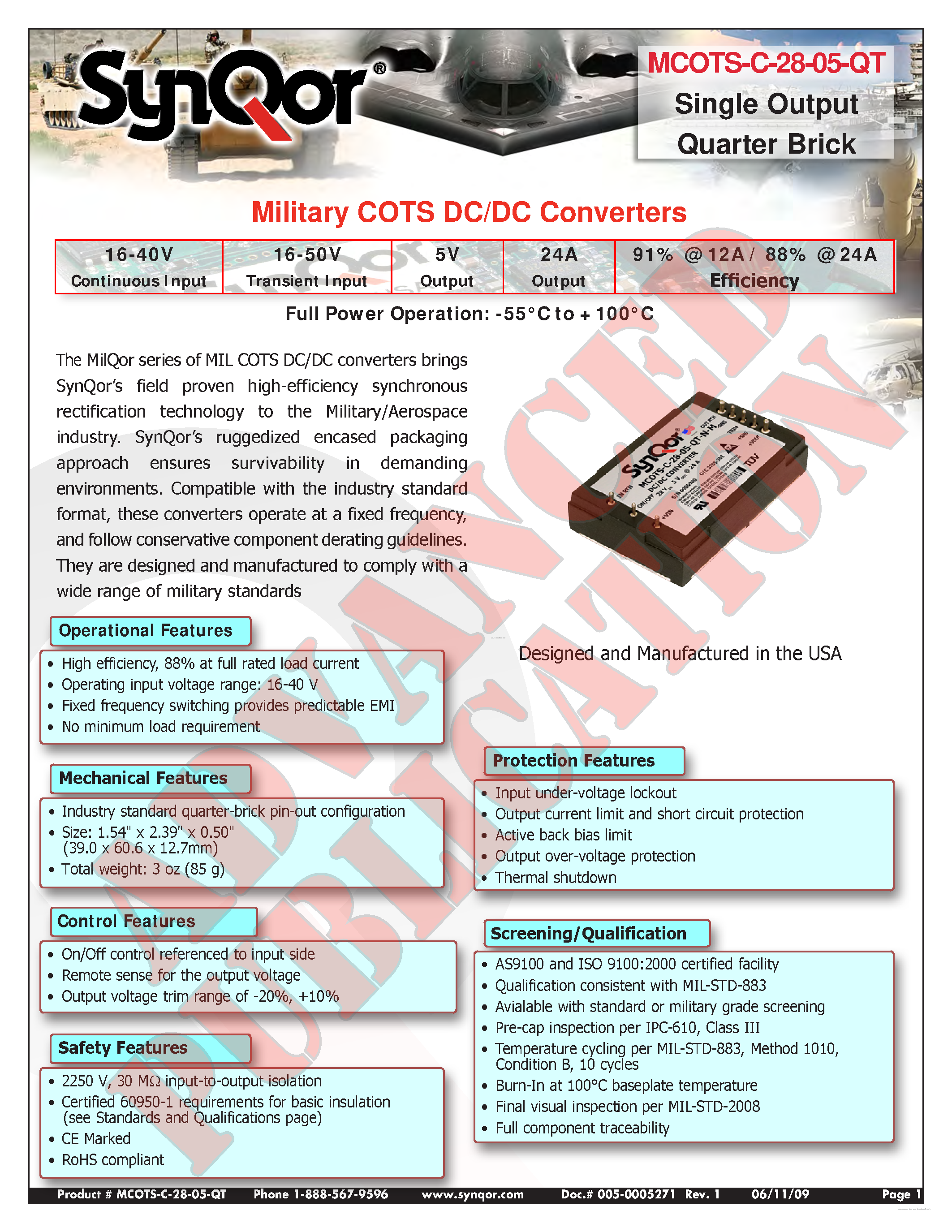Даташит MCOTS-C-28-05-QT - Military COTS DC/DC Converters страница 1
