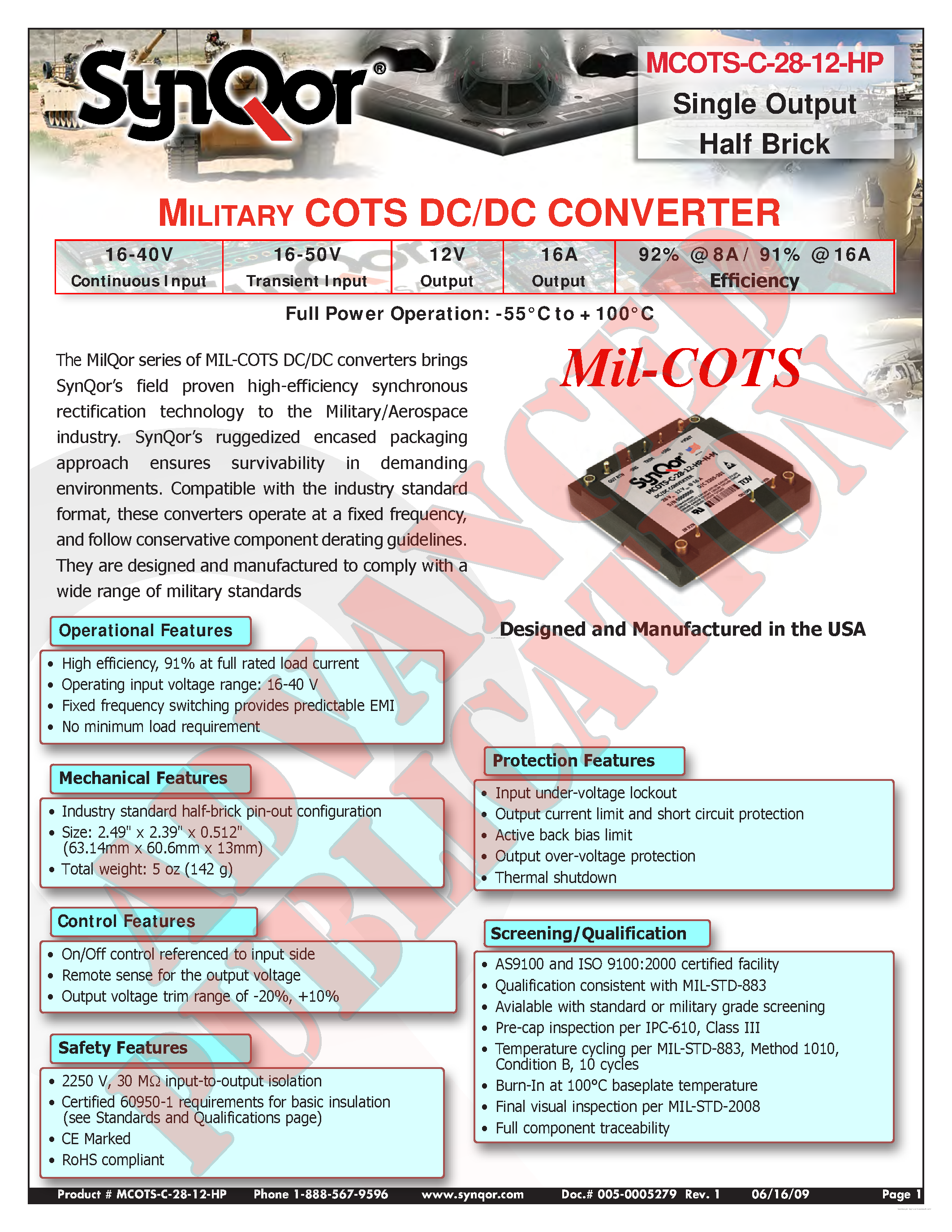 Даташит MCOTS-C-28-12-HP - MILITARY COTS DC/DC CONVERTER страница 1