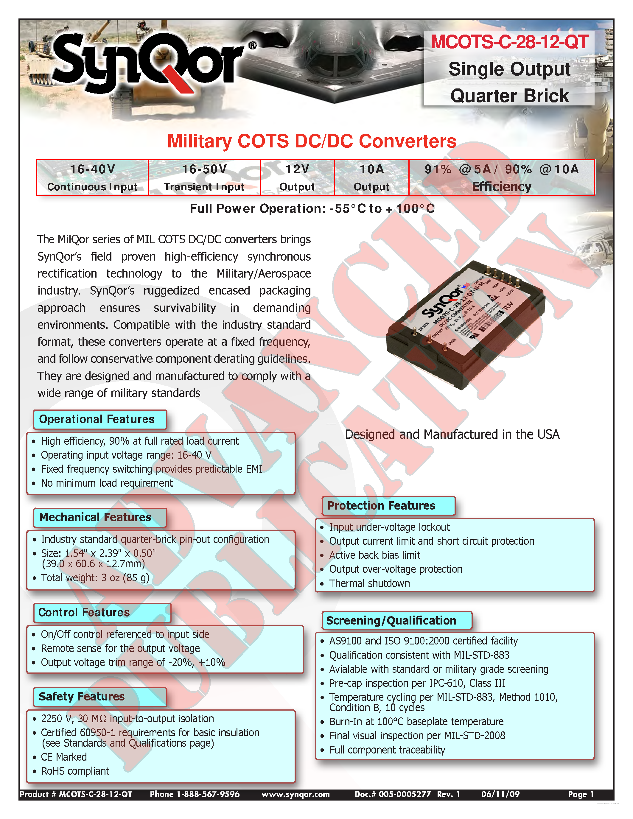 Datasheet MCOTS-C-28-12-QT page 1 Datasheet MCOTS-C-28-12-QT - Military COTS DC/DC Converters page 1