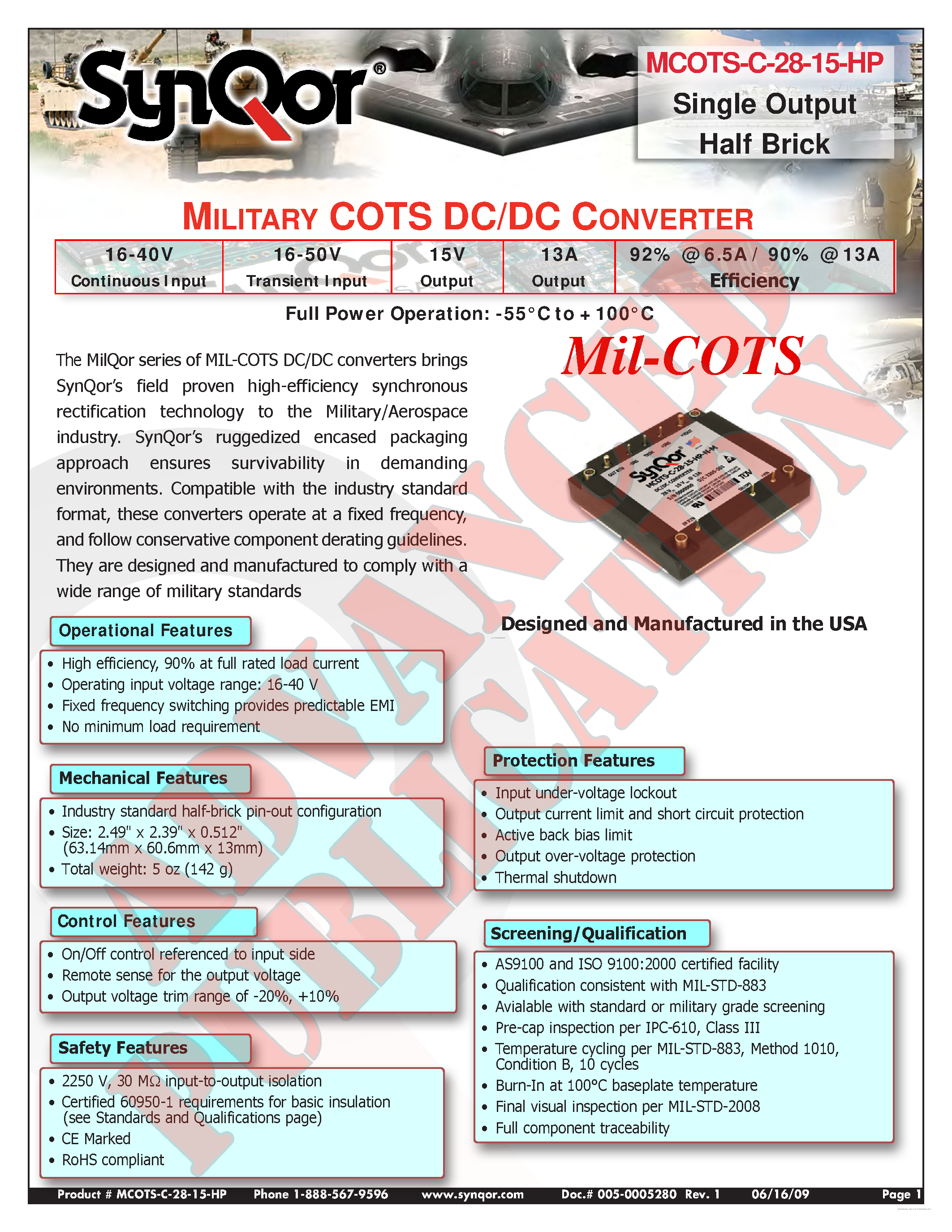 Даташит MCOTS-C-28-15-HP - MILITARY COTS DC/DC CONVERTER страница 1