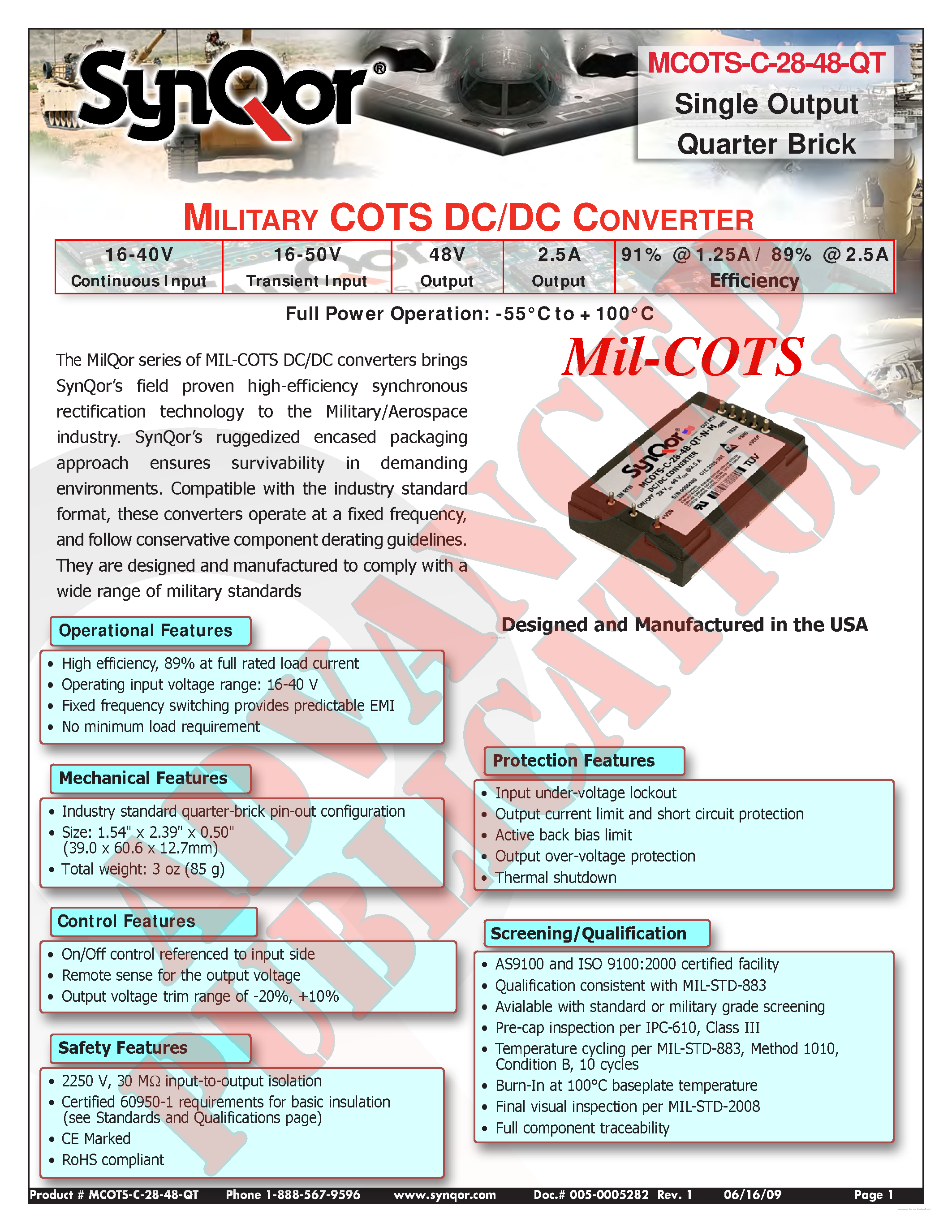 Даташит MCOTS-C-28-48-QT - MILITARY COTS DC/DC CONVERTER страница 1