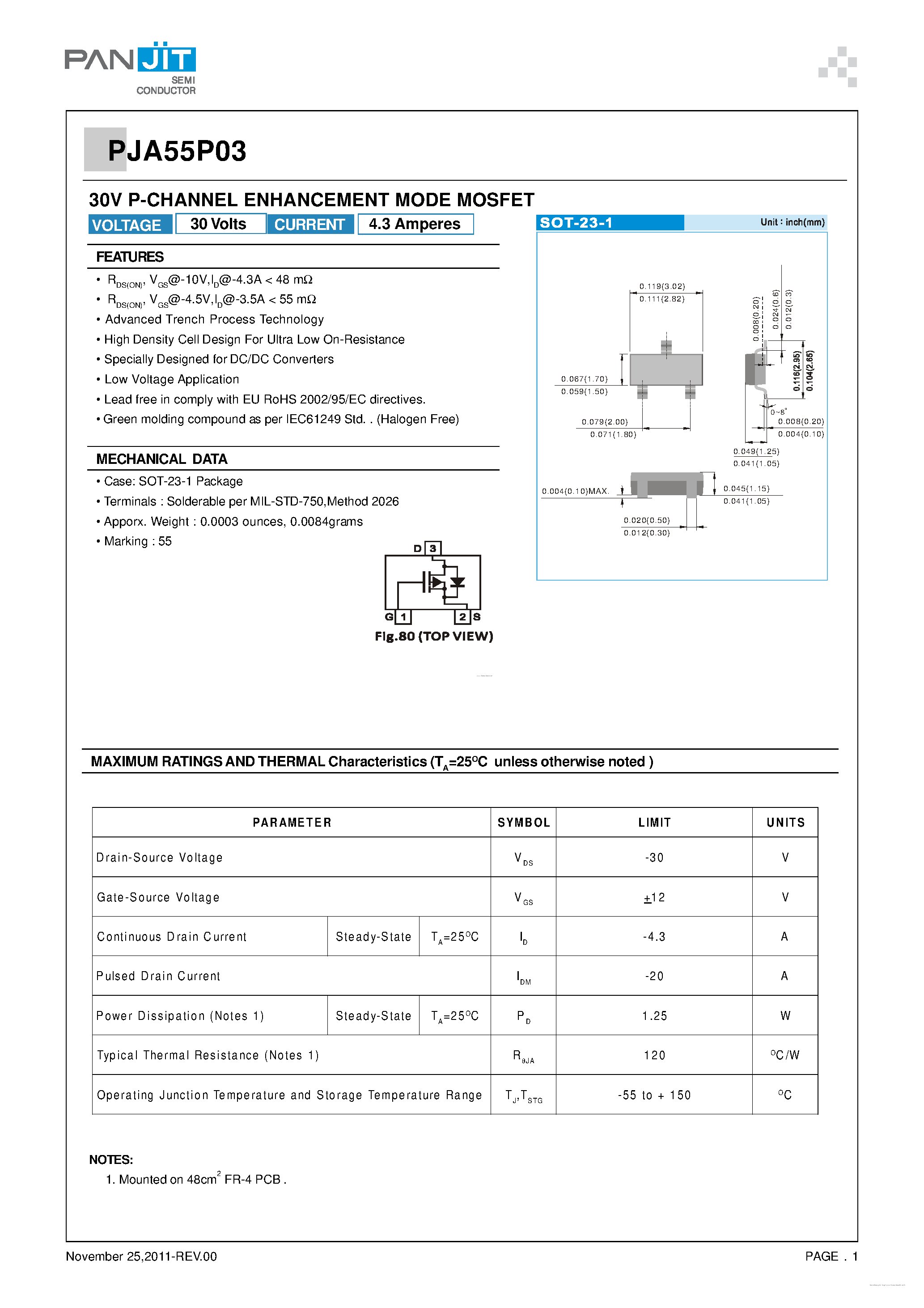 Datasheet PJA55P03 - 30V P-CHANNEL ENHANCEMENT MODE MOSFET page 1