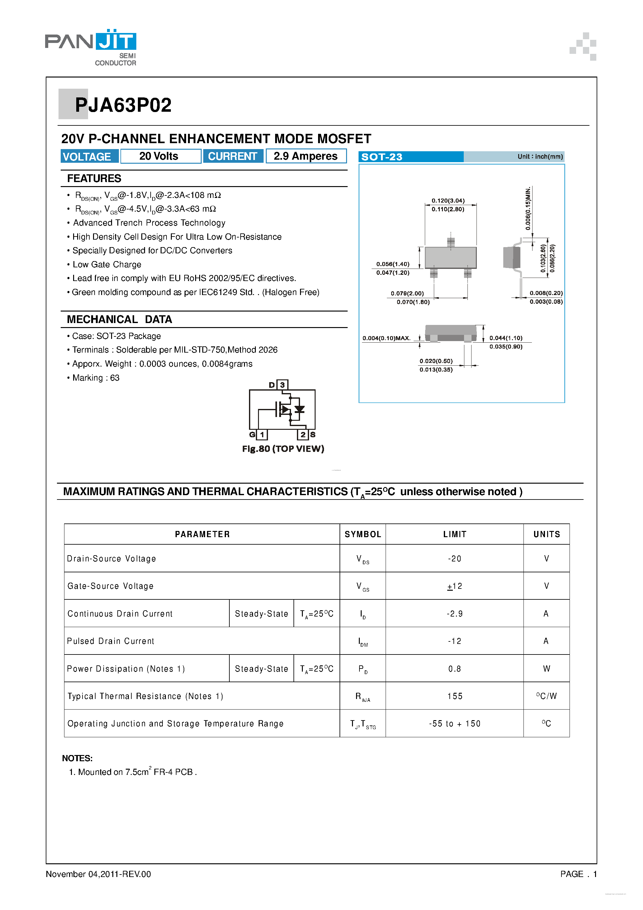Datasheet PJA63P02 - 20V P-CHANNEL ENHANCEMENT MODE MOSFET page 1