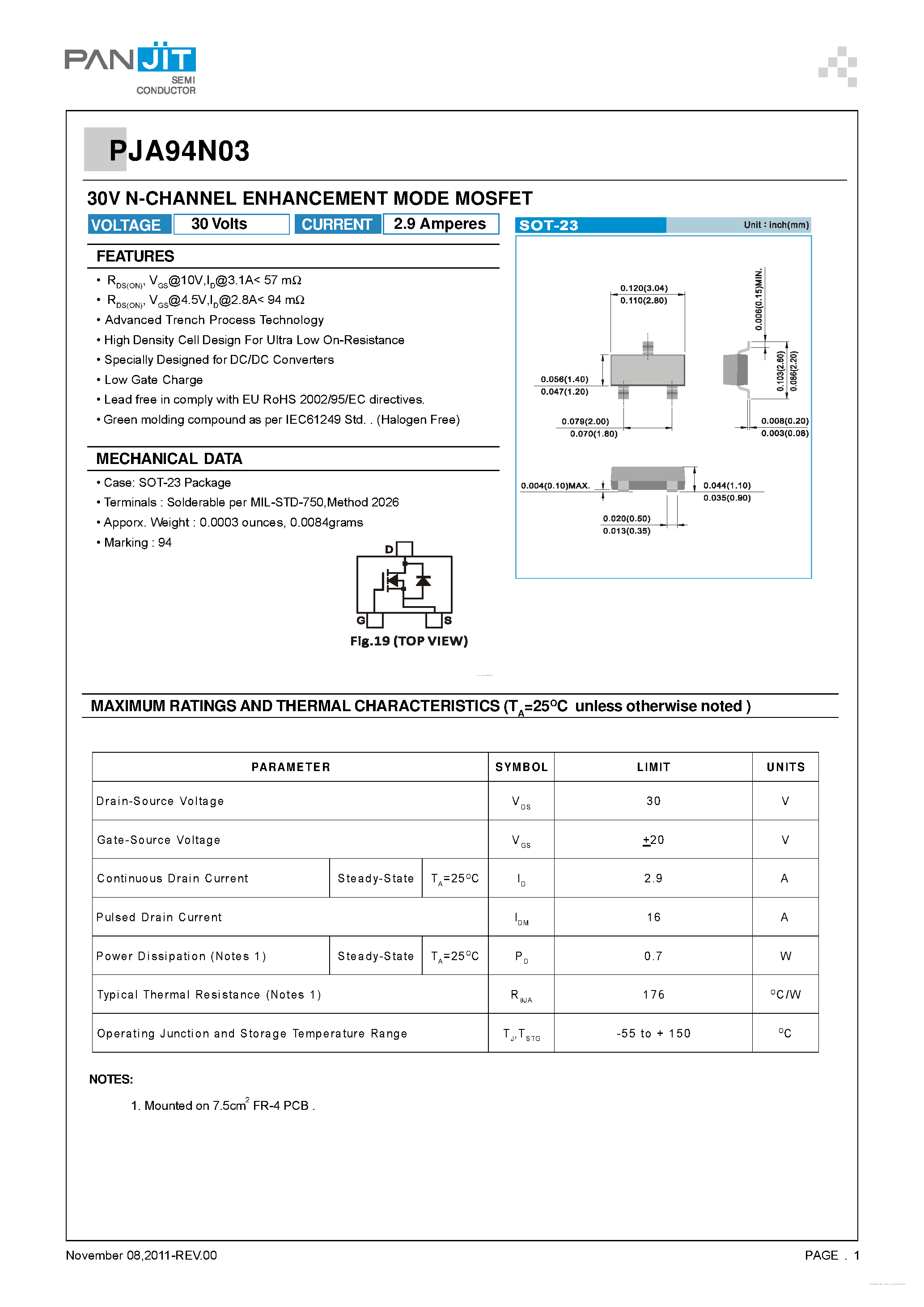 Datasheet PJA94N03 - 30V N-CHANNEL ENHANCEMENT MODE MOSFET page 1