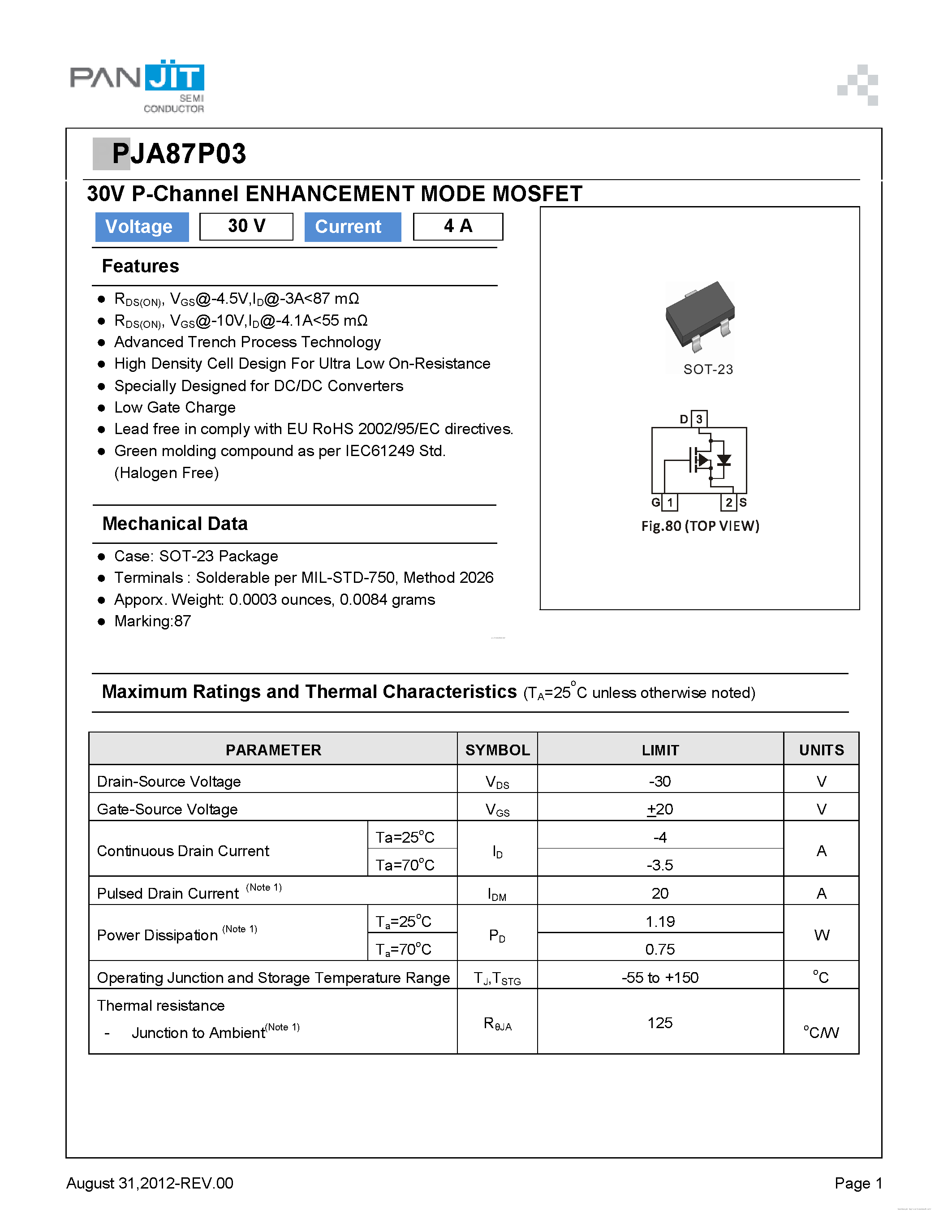 Datasheet PJA87P03 - 30V P-CHANNEL ENHANCEMENT MODE MOSFET page 1