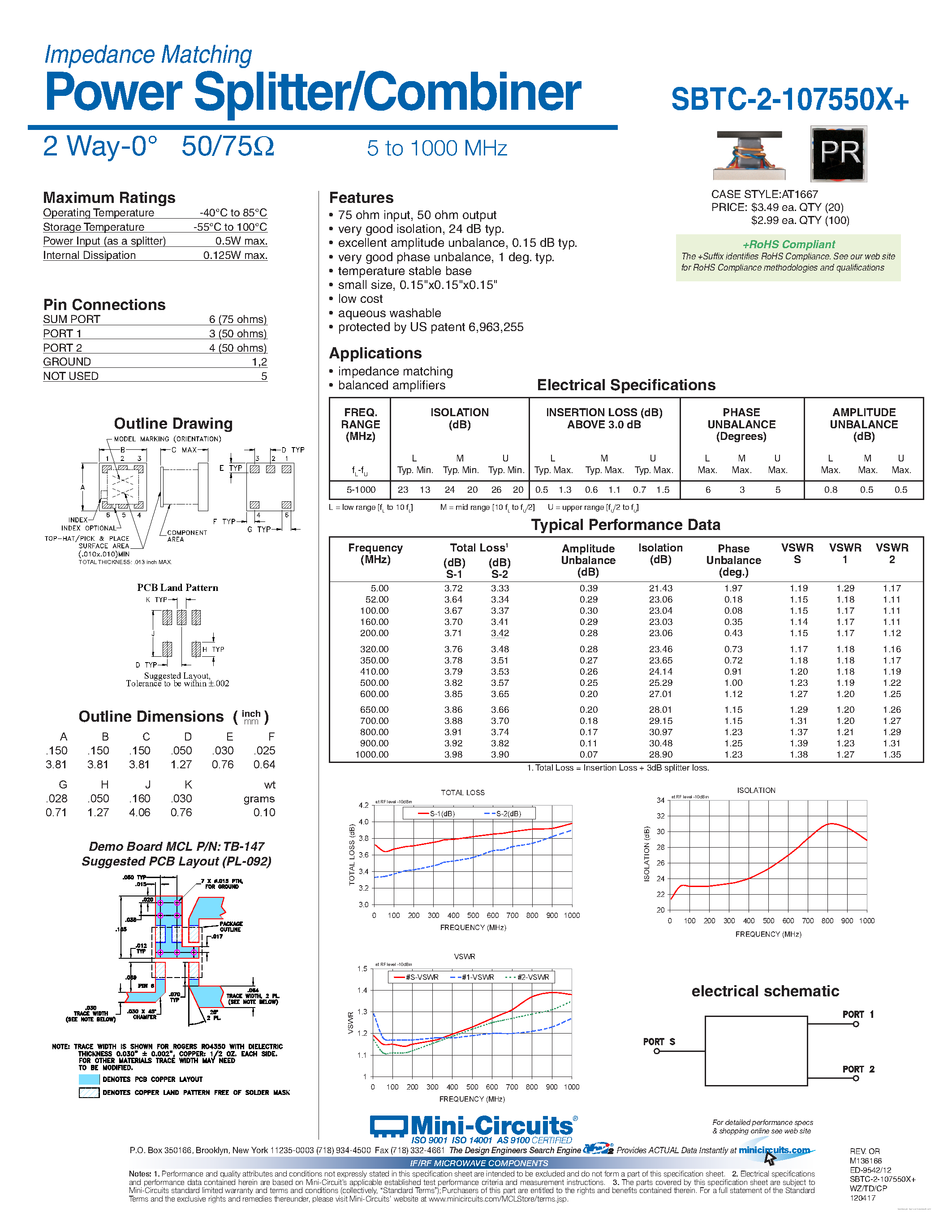 Datasheet SBTC-2-107550X+ - Power Splitter/Combiner page 1