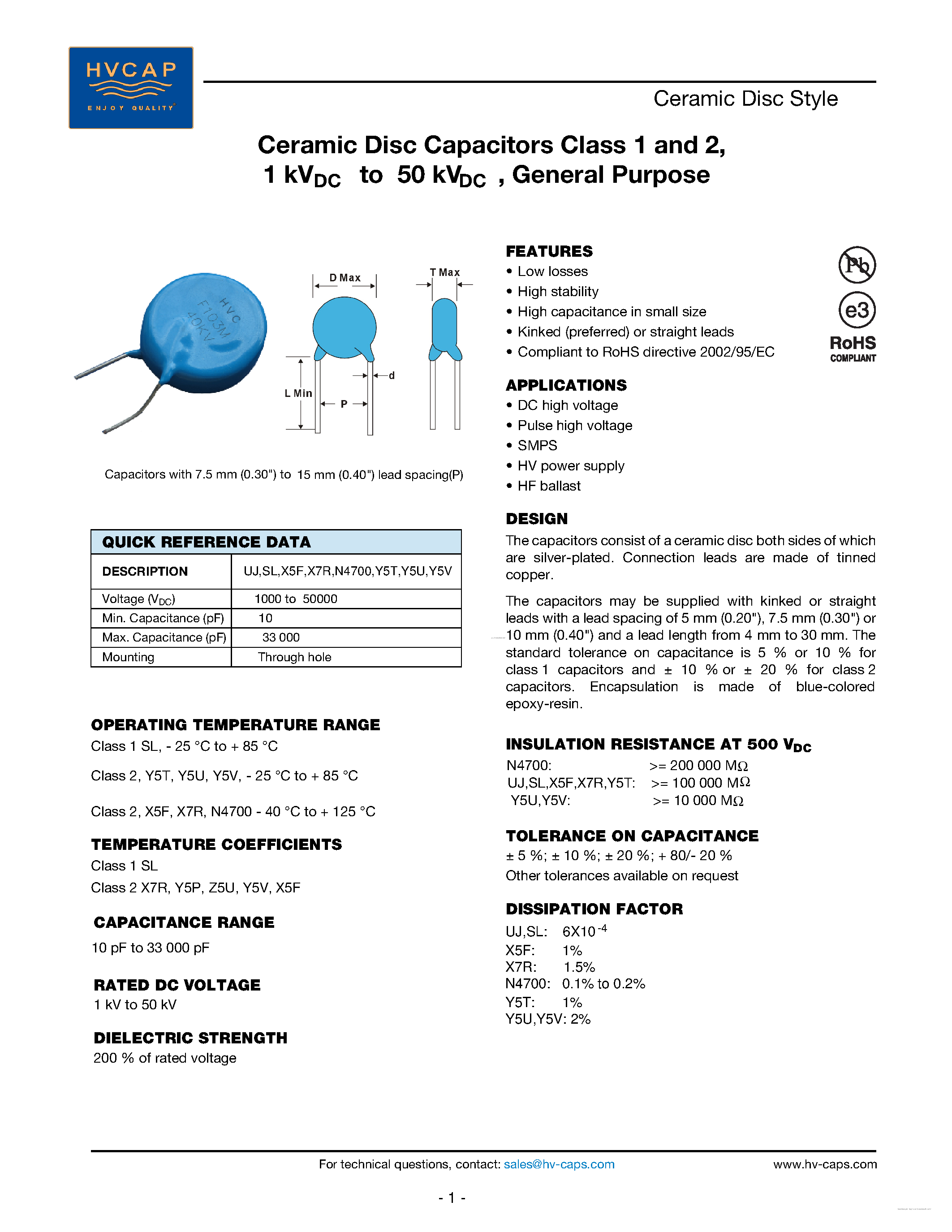 Даташит HVC-10KV-D08-F9.5-221K - Ceramic Disc Capacitors страница 1