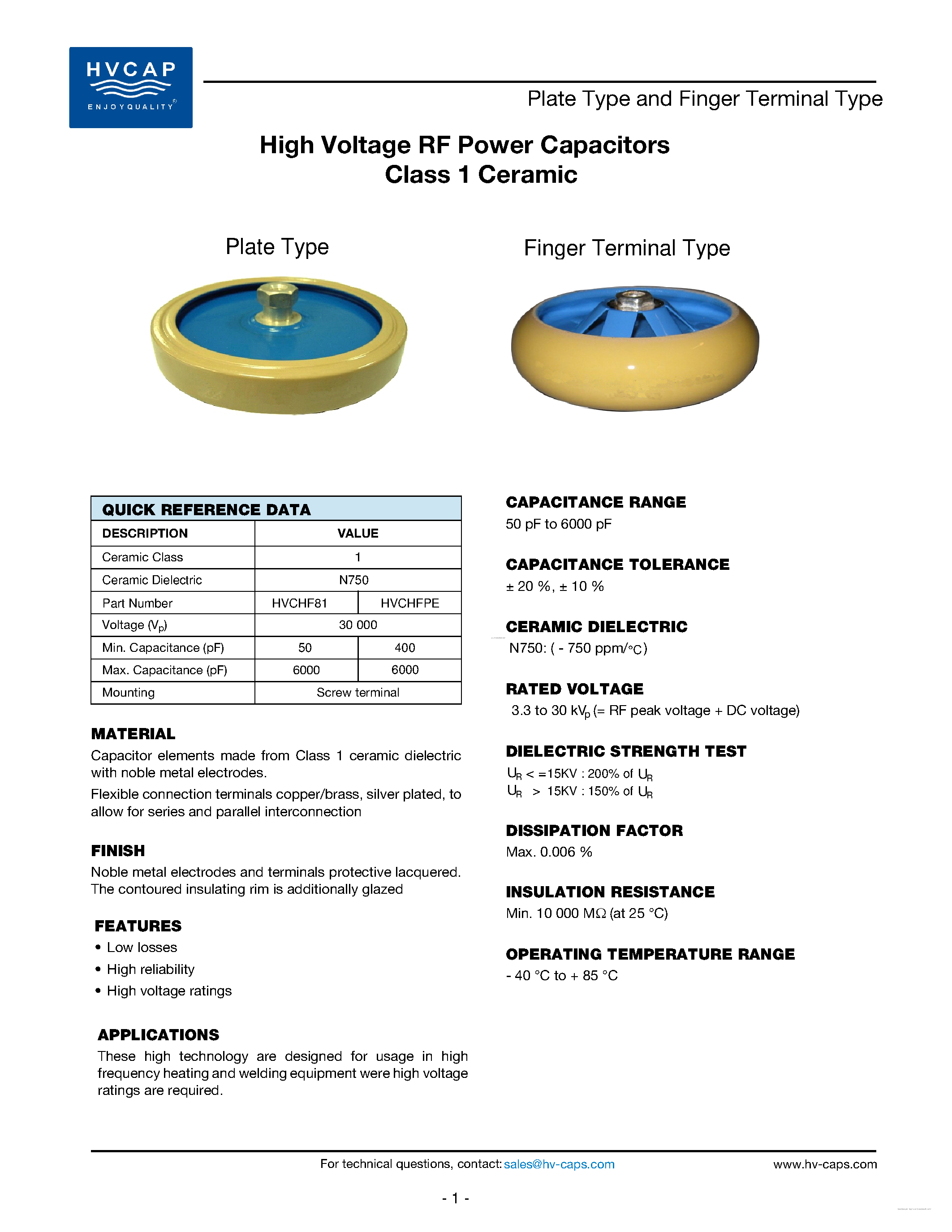 Datasheet HVCHF81-A-50P-15 - High Voltage RF Power Capacitors page 1