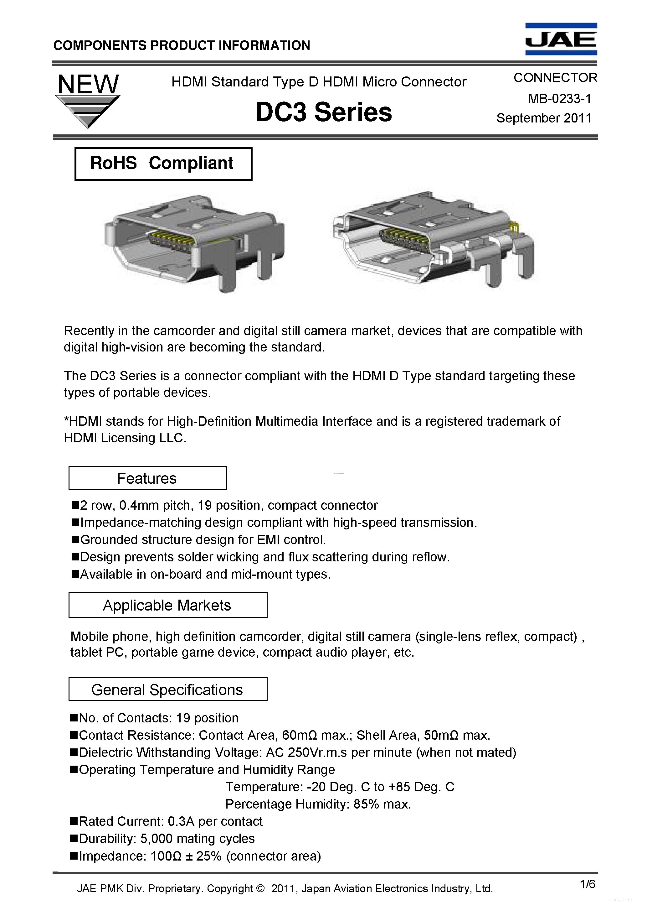 Datasheet DC3R019HA1 page 1 Datasheet DC3R019HA1 - HDMI Standard Type D HDMI Micro Connector page 1
