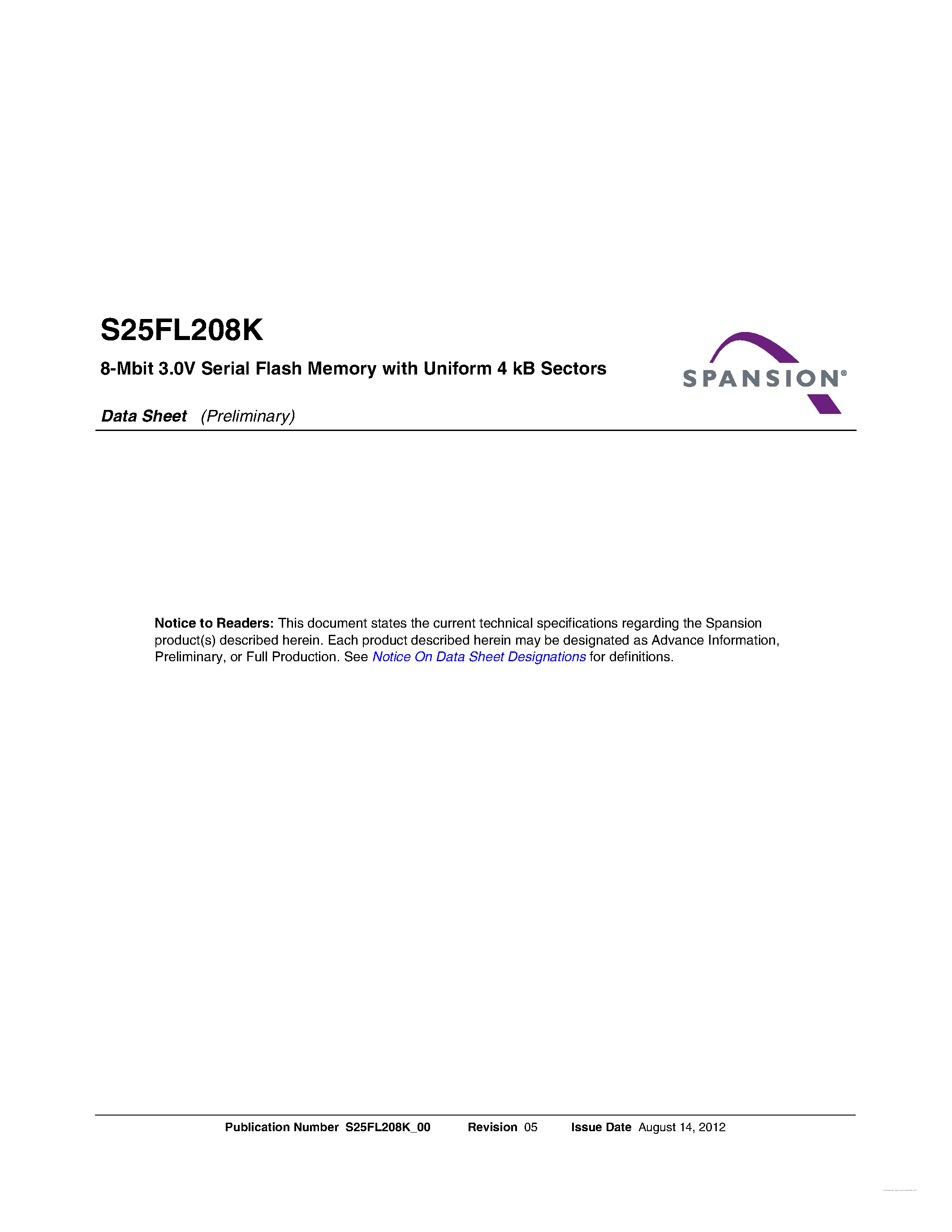Datasheet S25FL208K - 8-Mbit 3.0V Serial Flash Memory page 1