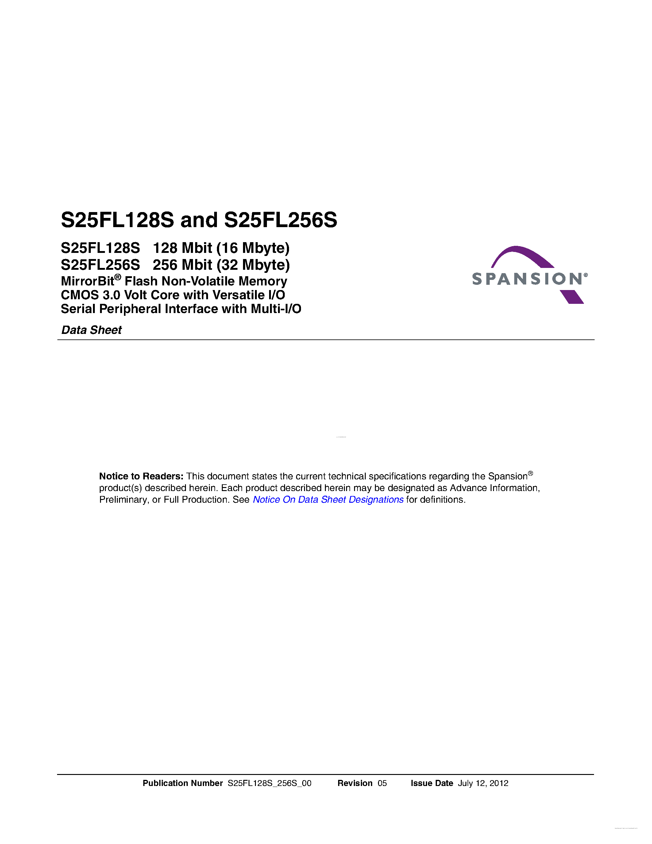 Datasheet S25FL128S page 1 Datasheet S25FL128S - Flash Non-Volatile Memory CMOS 3.0 Volt Core page 1