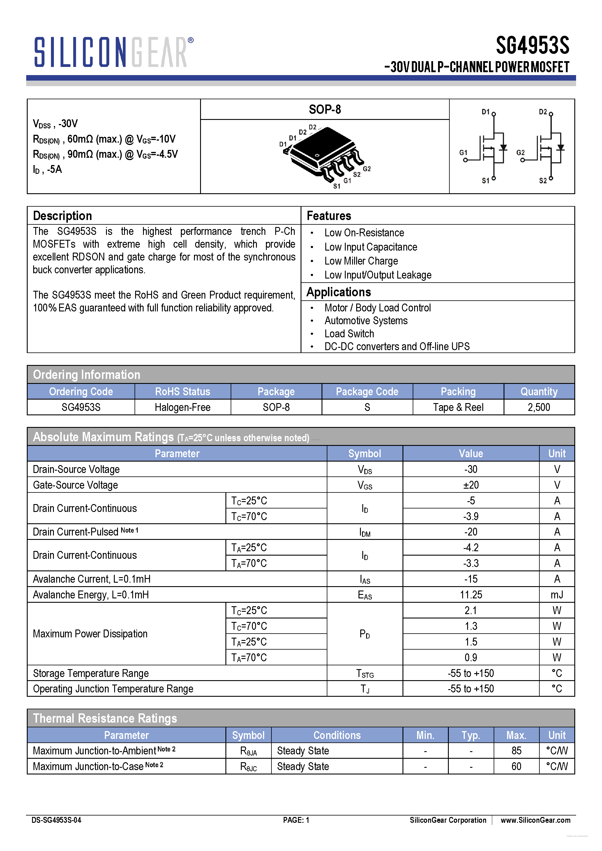 Datasheet SG4953S - -30V Dual P-Channel Power MOSFET page 1