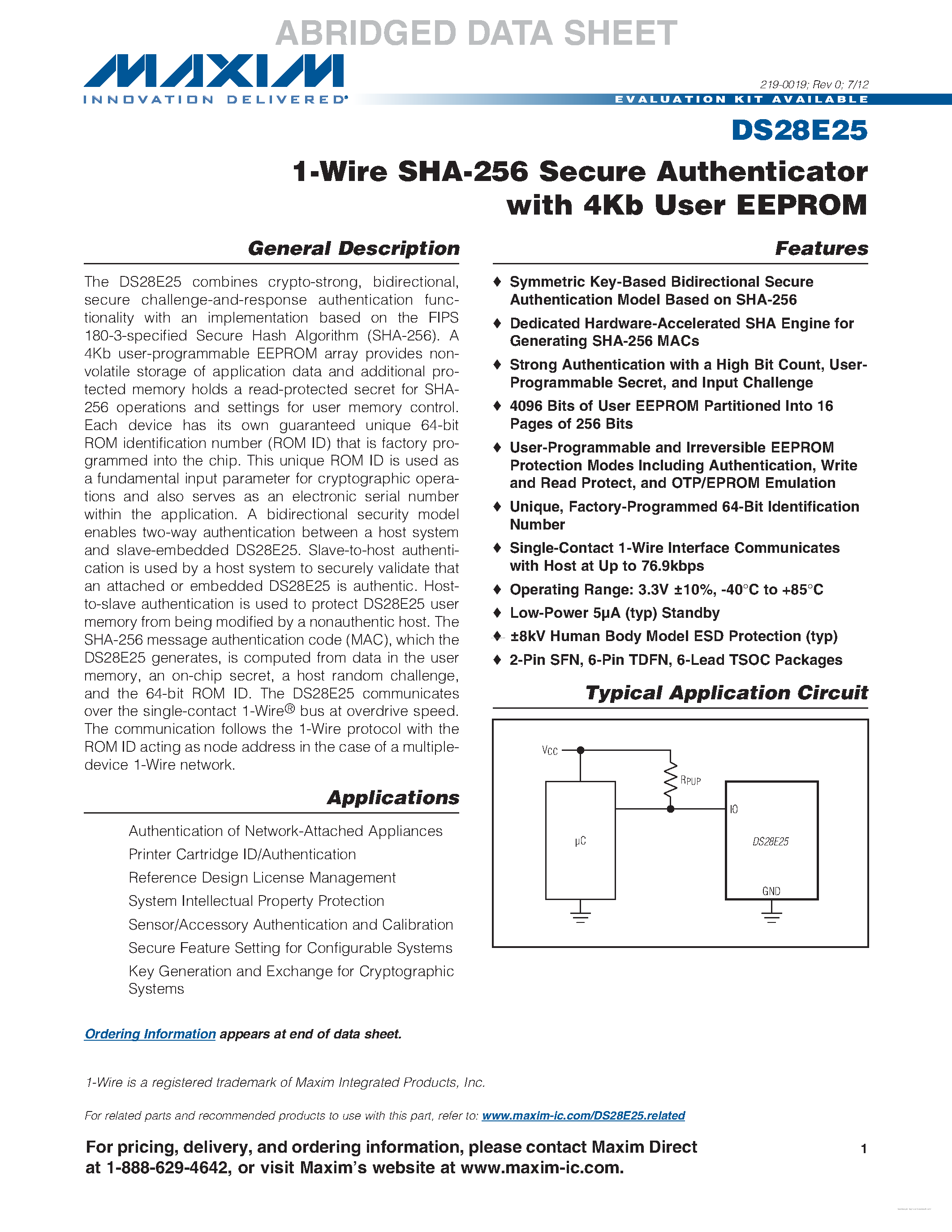 Даташит DS28E25 - 1-Wire SHA-256 Secure Authenticator страница 1