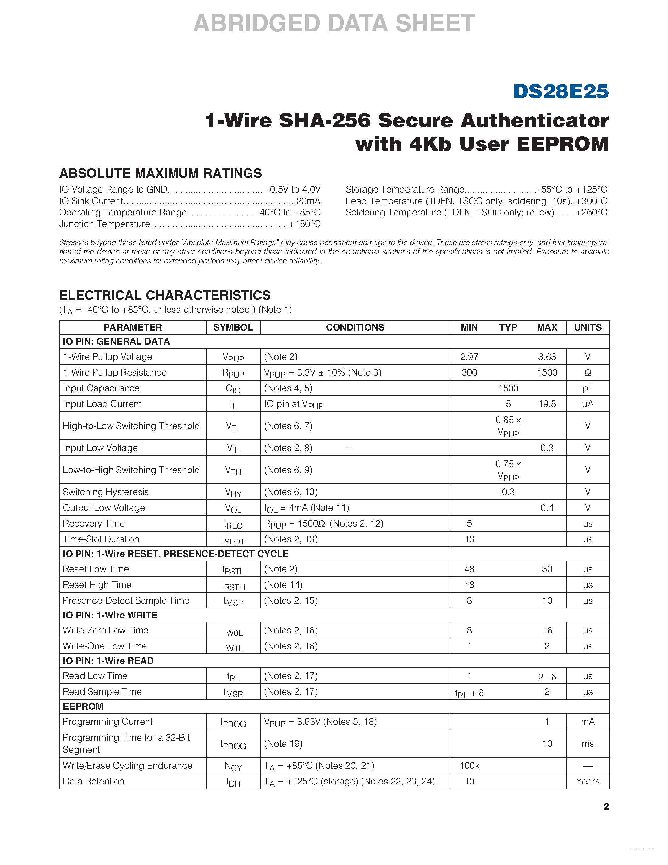 Даташит DS28E25 - 1-Wire SHA-256 Secure Authenticator страница 2