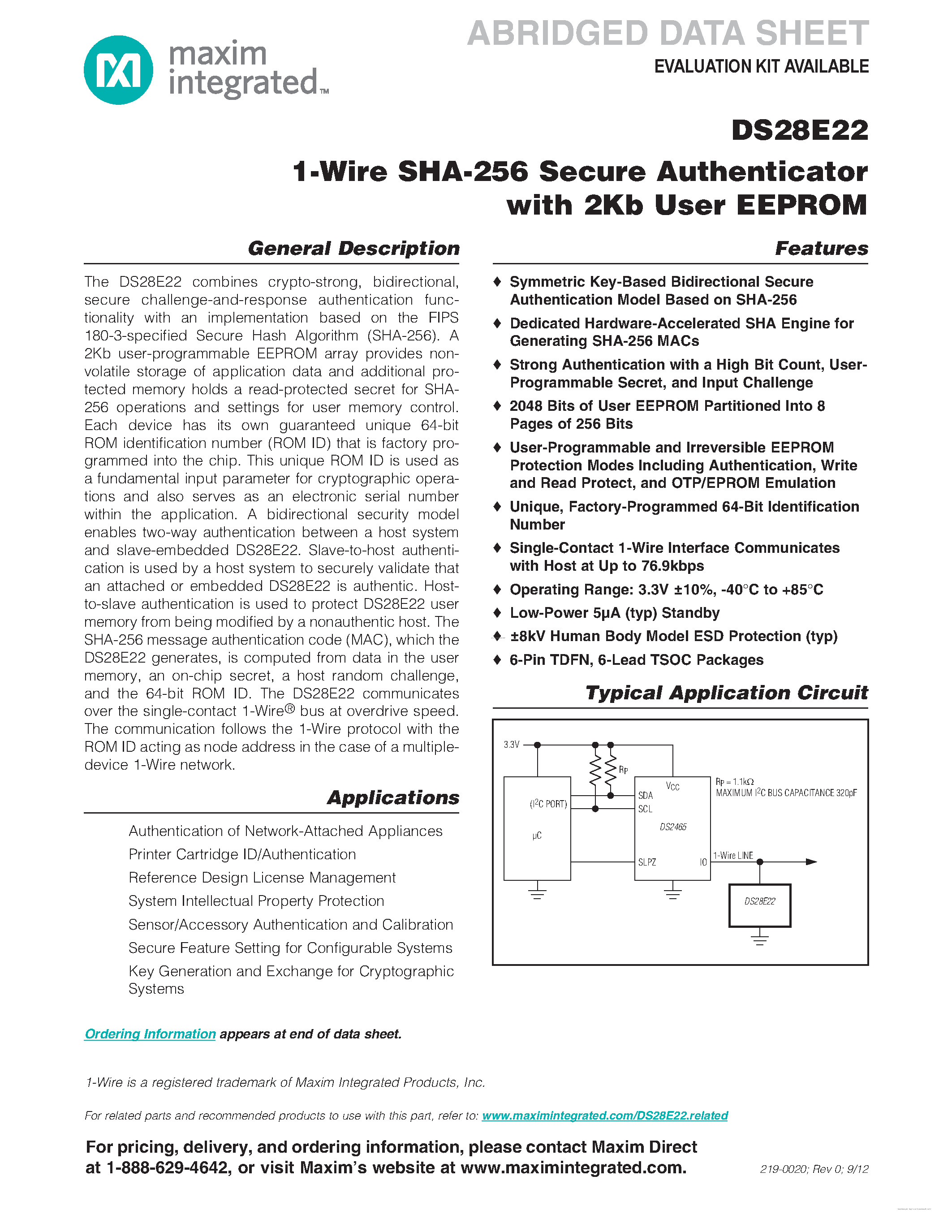 Даташит DS28E22 - 1-Wire SHA-256 Secure Authenticator страница 1