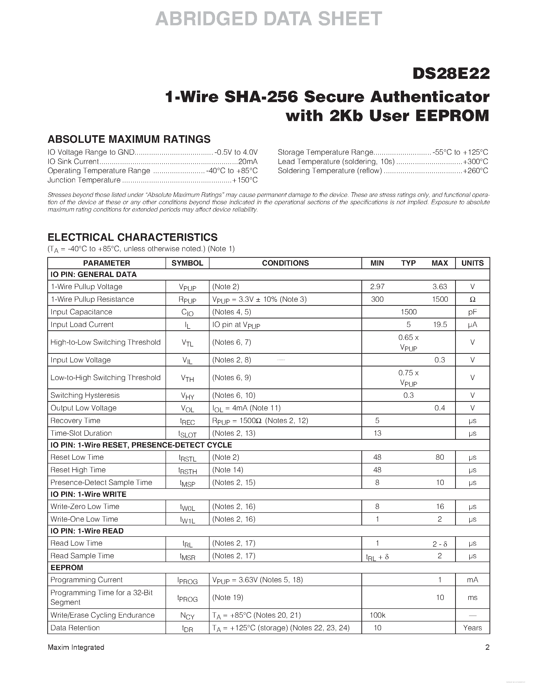 Даташит DS28E22 - 1-Wire SHA-256 Secure Authenticator страница 2