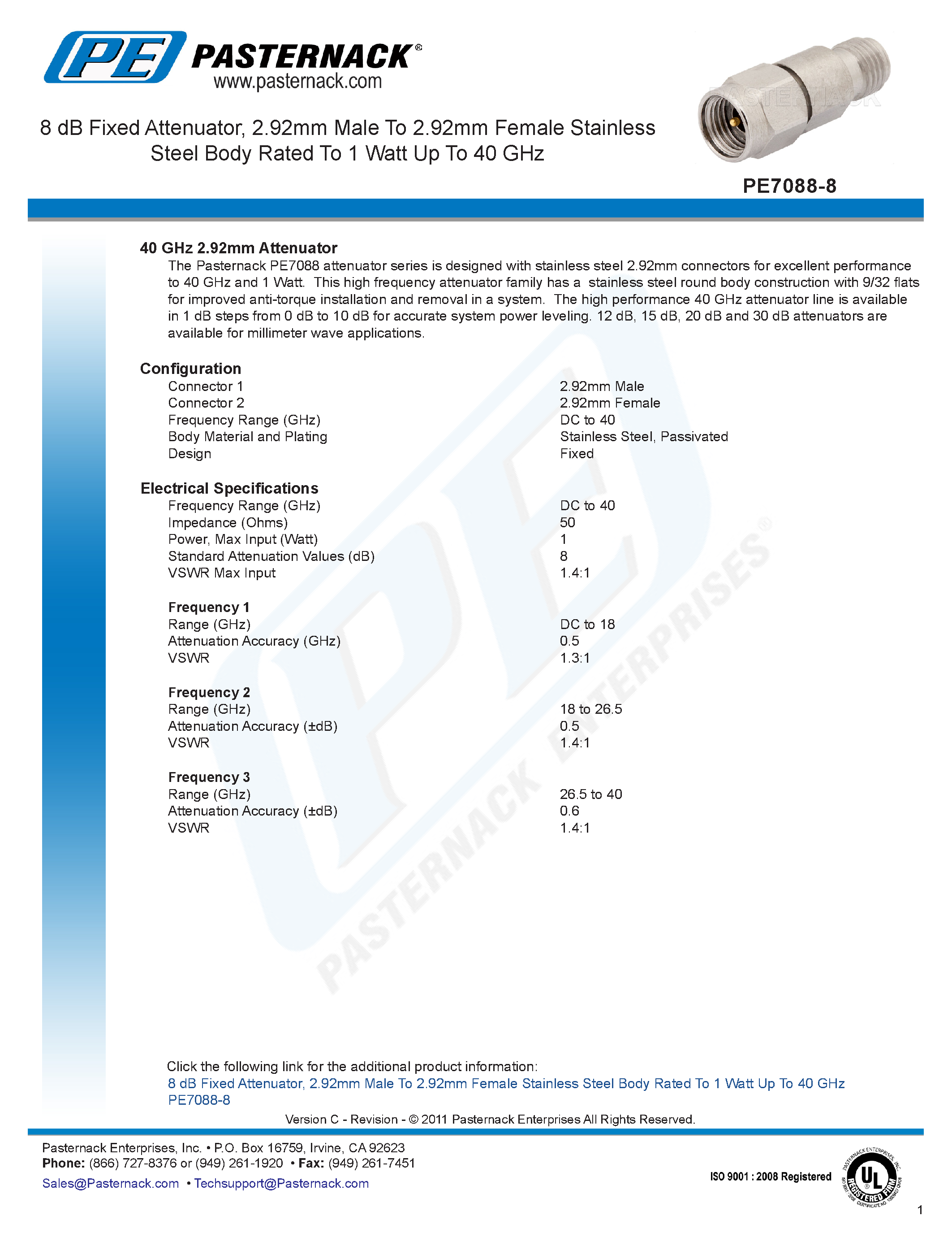 Datasheet PE7088-8 page 1 Datasheet PE7088-8 - 8dB Fixed Attenuator page 1