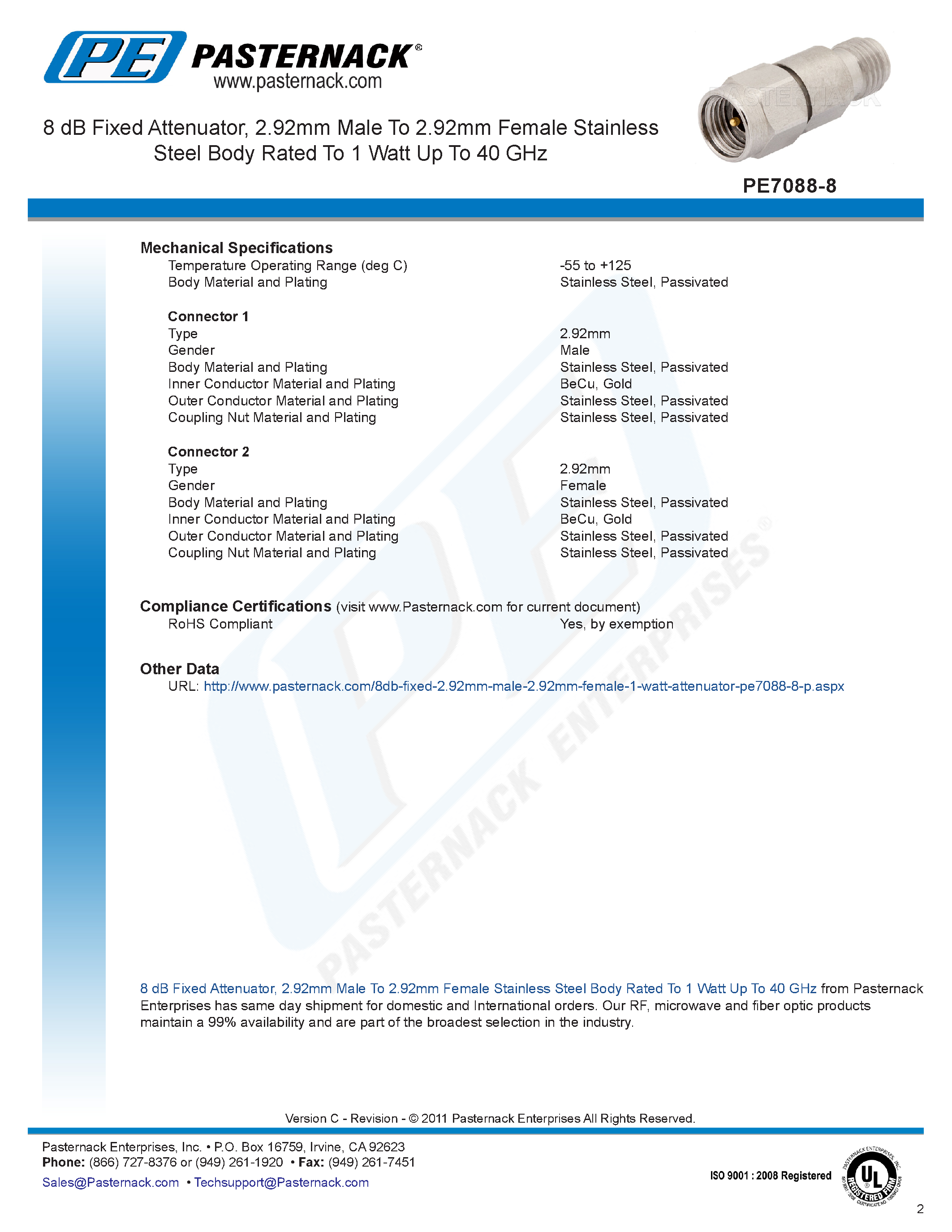 Datasheet PE7088-8 page 2 Datasheet PE7088-8 - 8dB Fixed Attenuator page 2
