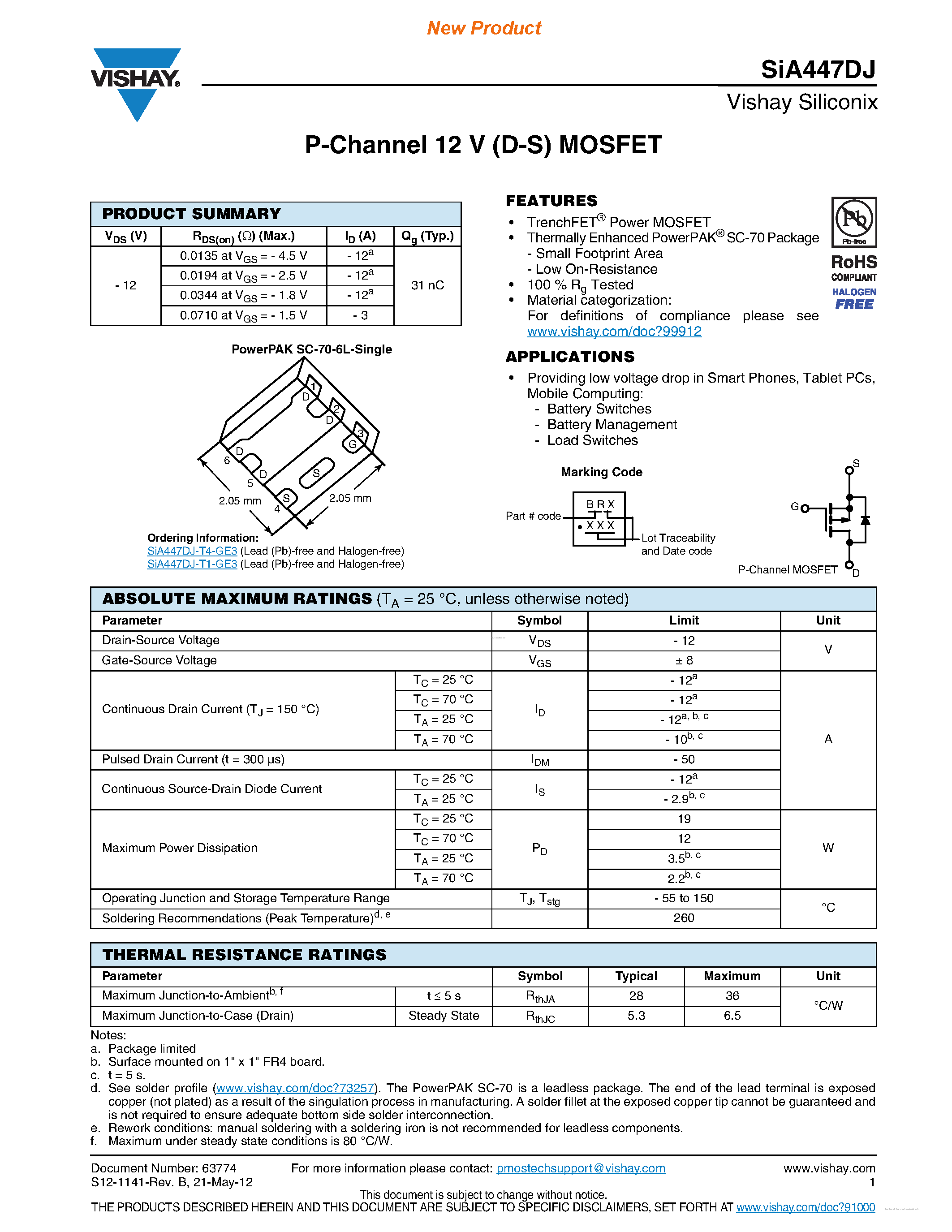 Datasheet SiA447DJ - P-Channel 12 V (D-S) MOSFET page 1