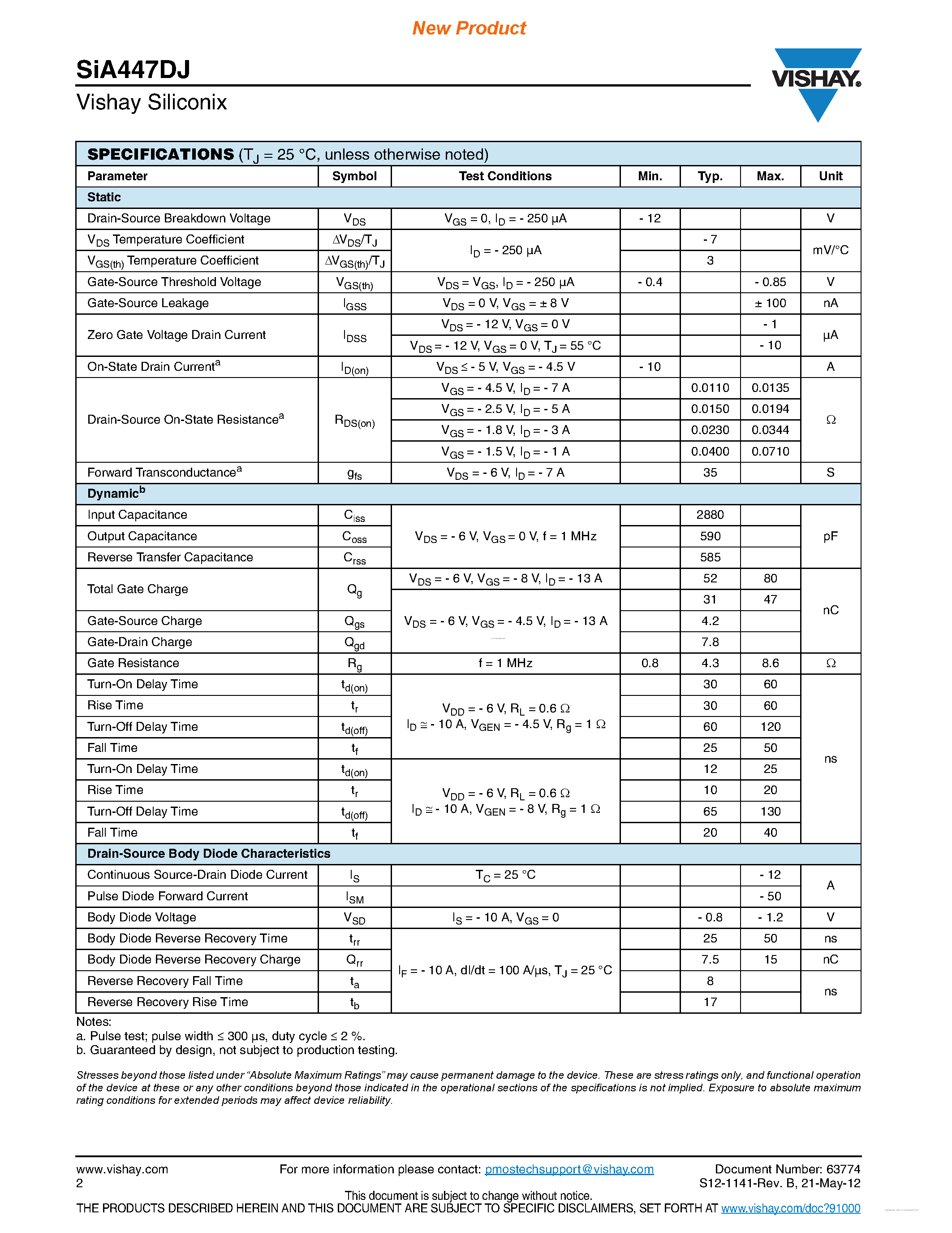 Datasheet SiA447DJ - P-Channel 12 V (D-S) MOSFET page 2